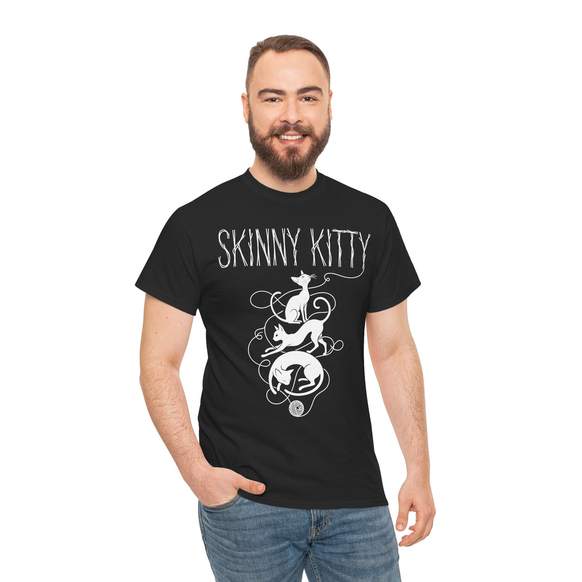 Skinny Kitty Graphic Tee — White Cat Silhouette Shirt for Cat Lovers