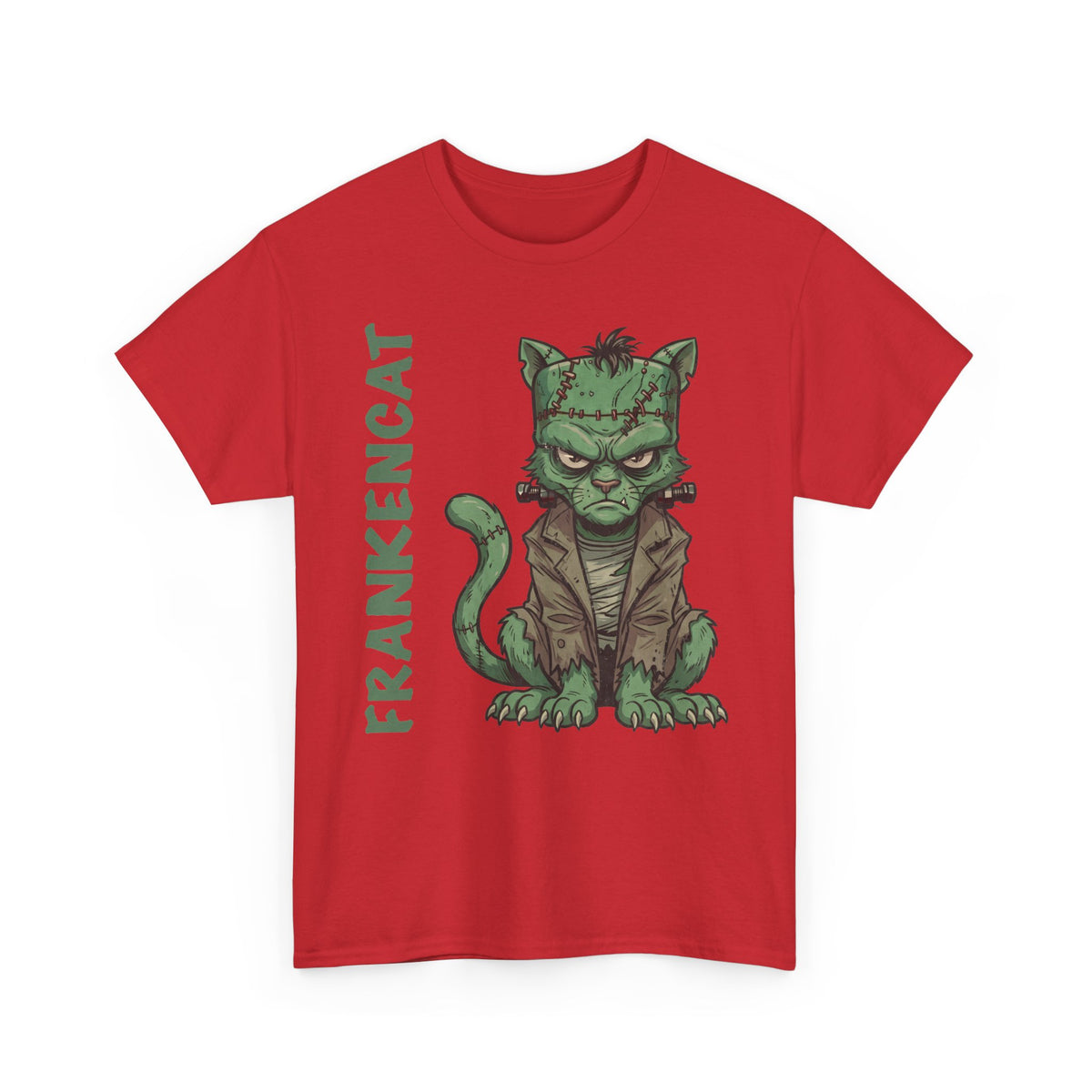 Funny Frankencat Halloween T-Shirt — Green Monster Cat Graphic Apparel