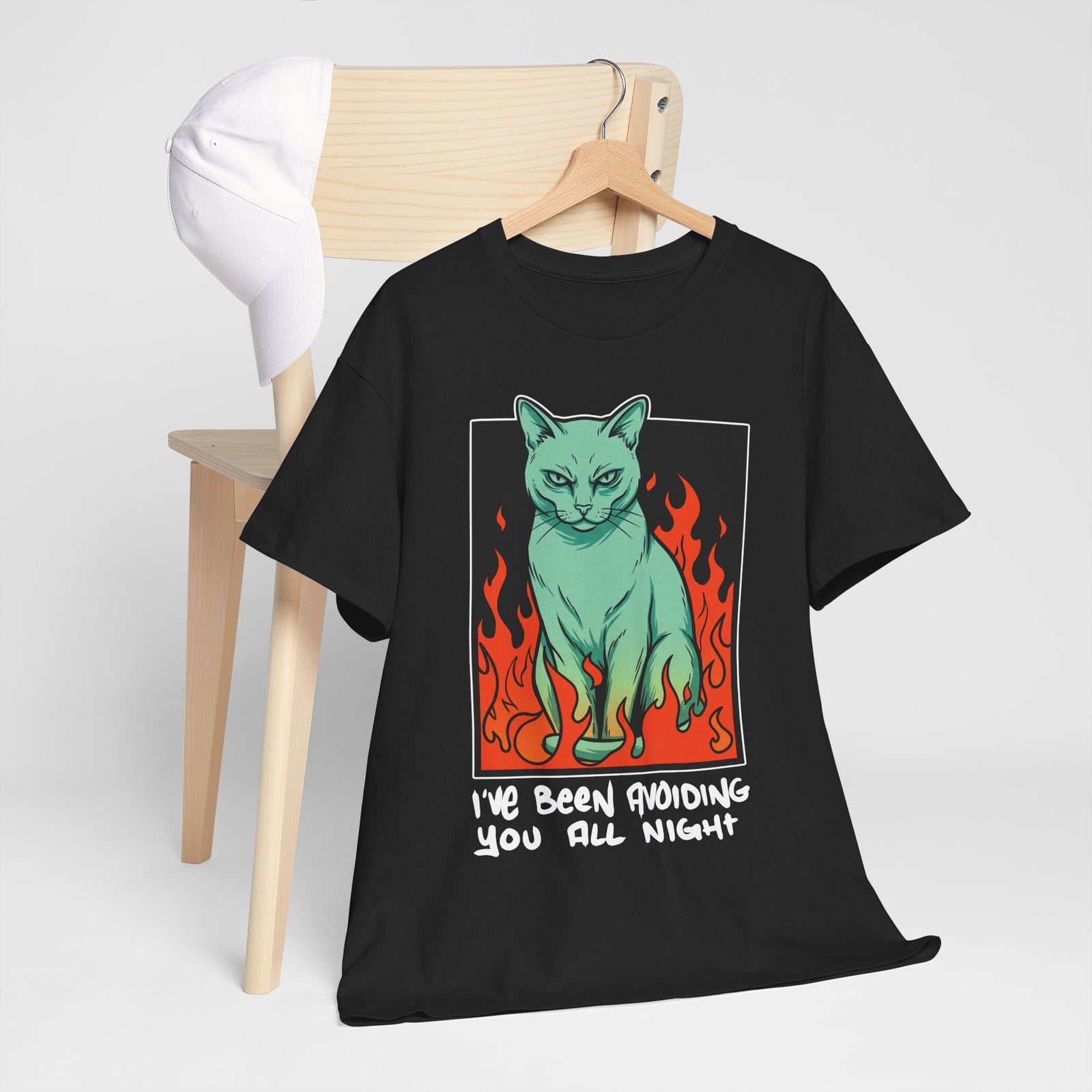 I've Been Avoiding You All Night T-Shirt — Funny Introvert Cat Flames Tee