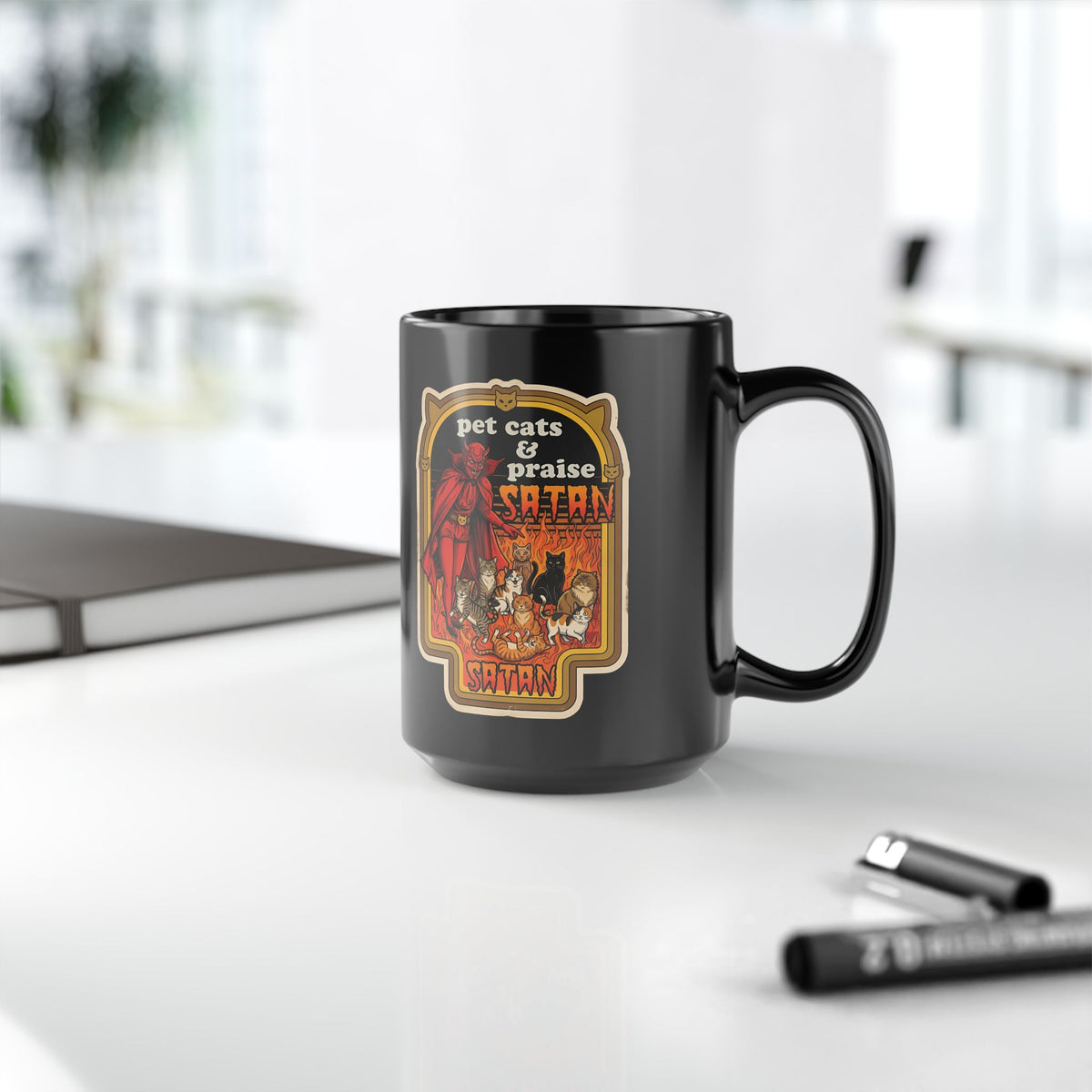 Pet Cats and Praise Satan Black Mug — Gothic Cat Lover Mug