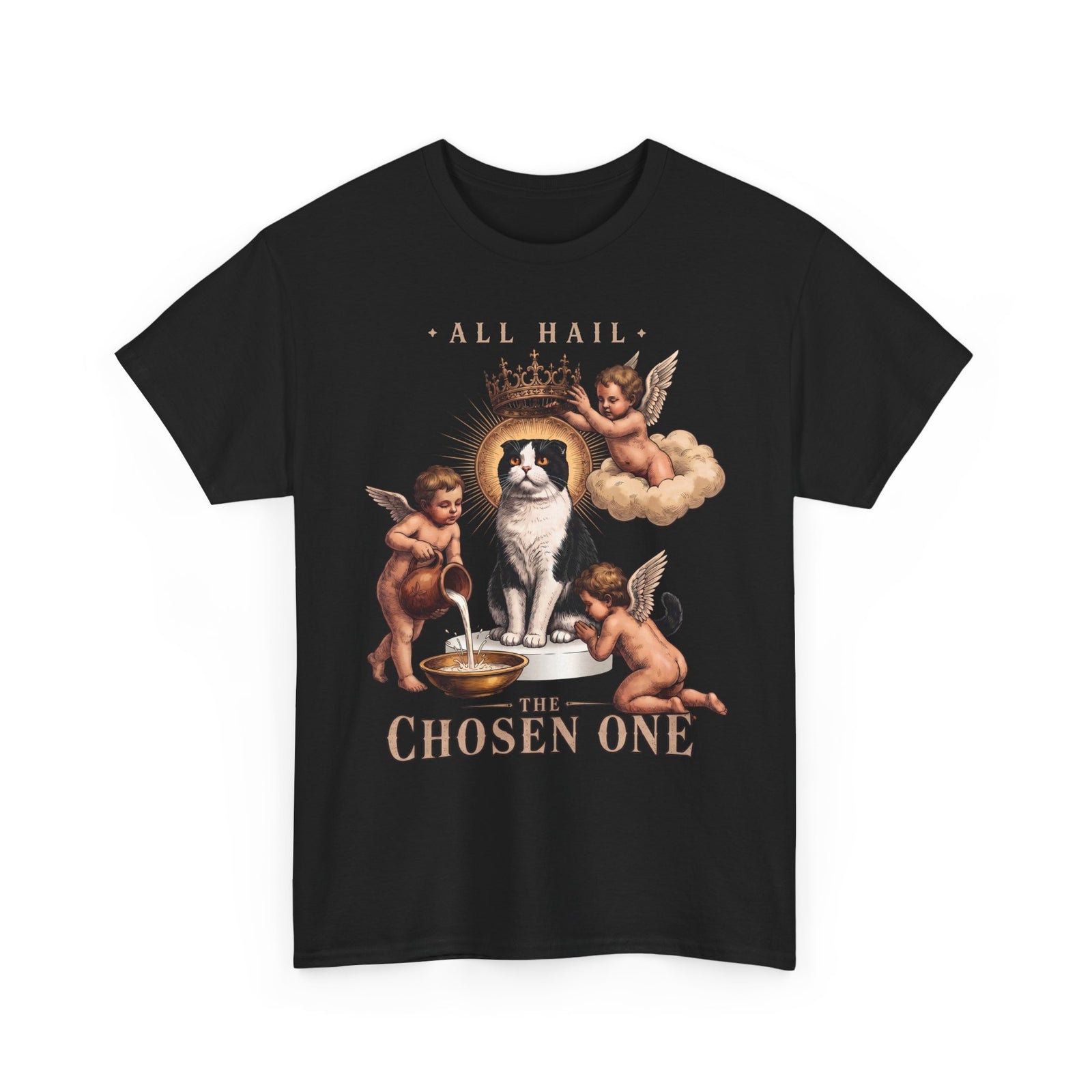 All Hail The Chosen One T-Shirt — Funny Tuxedo Cat Cherub Art Tee
