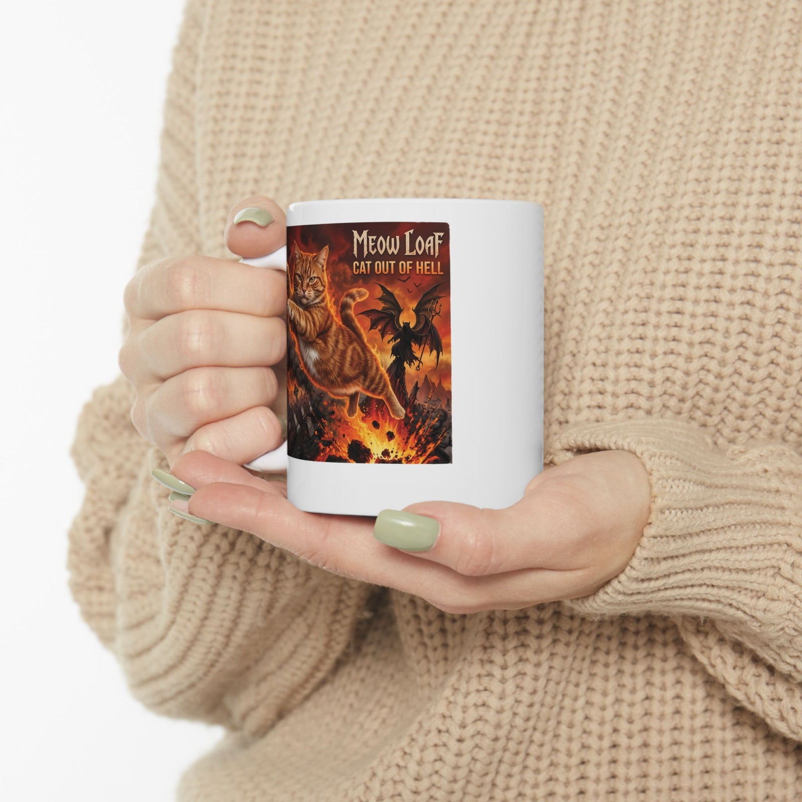 Meow Loaf Cat Out of Hell Ceramic Mug — Funny Gothic Cat Mug