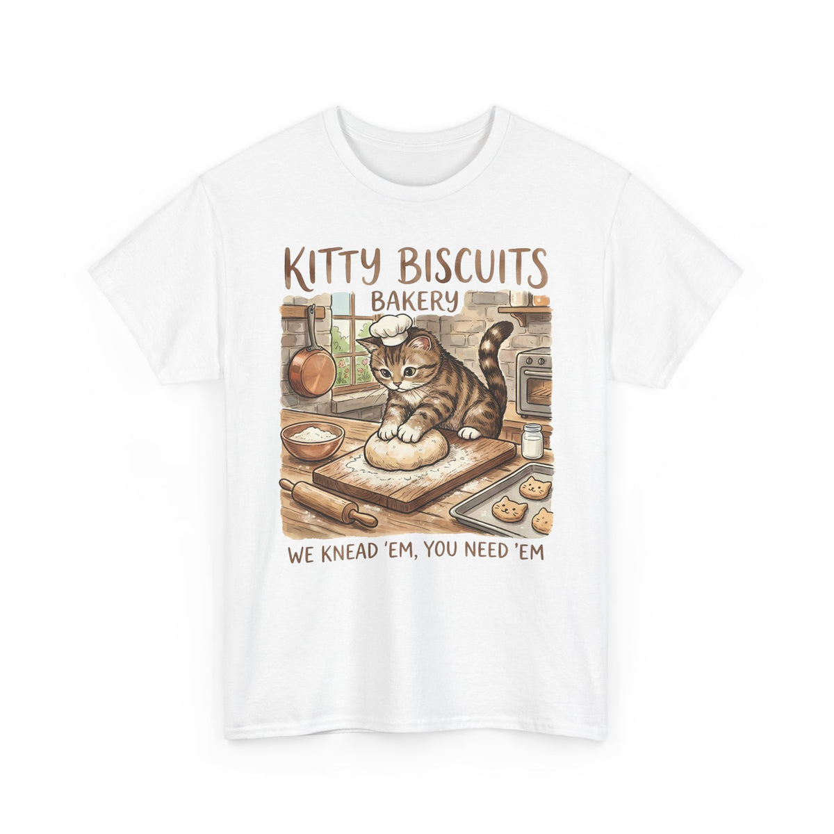 Kitty Biscuits Bakery T-Shirt — "We Knead 'Em We Need 'Em" Cat Bakery Tee
