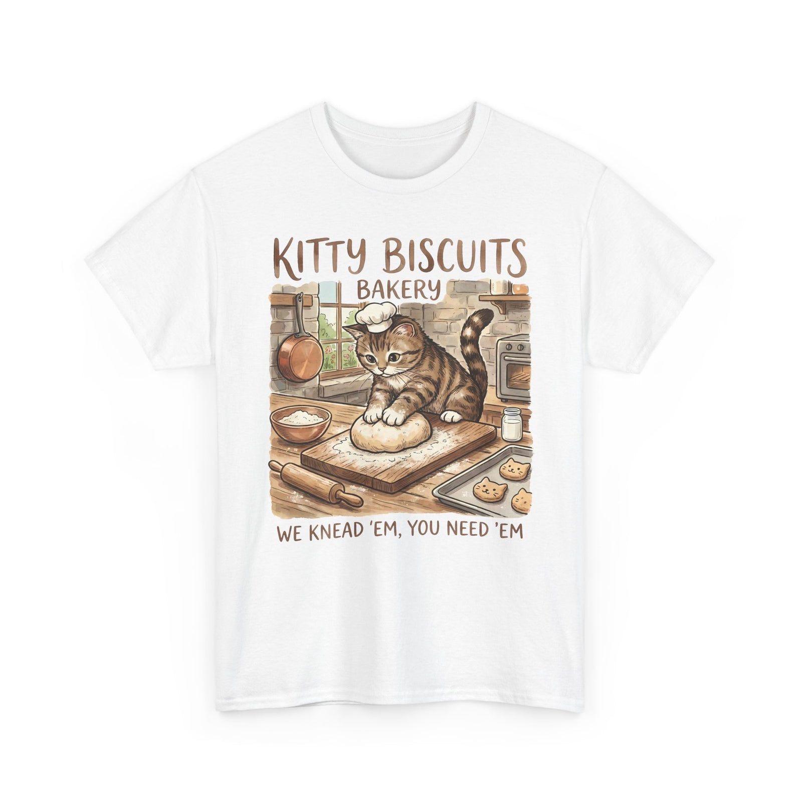 Kitty Biscuits Bakery T-Shirt — "We Knead 'Em We Need 'Em" Cat Bakery Tee
