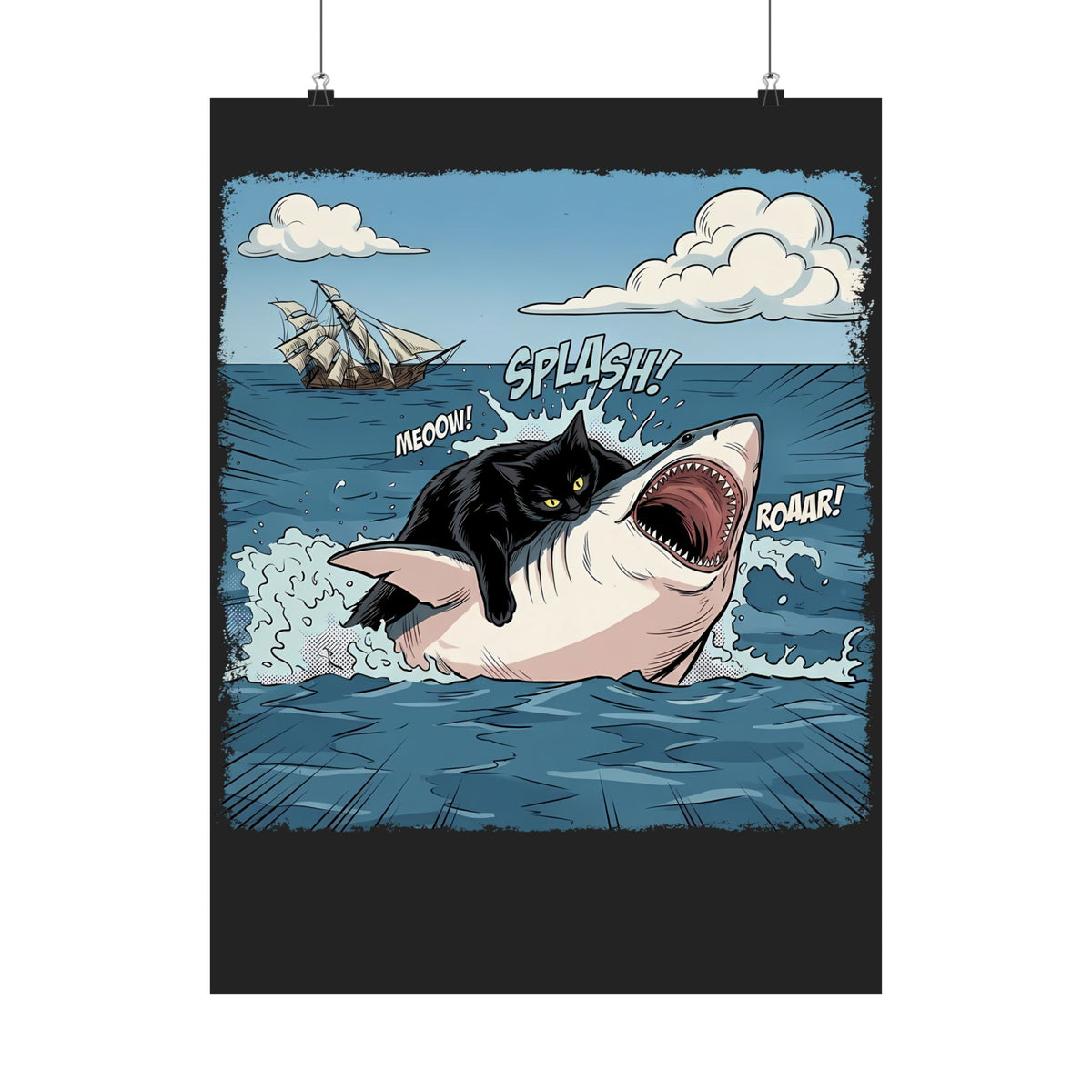 Black Cat Vs White Shark Poster — Funny Comic Book Ocean Battle Poster