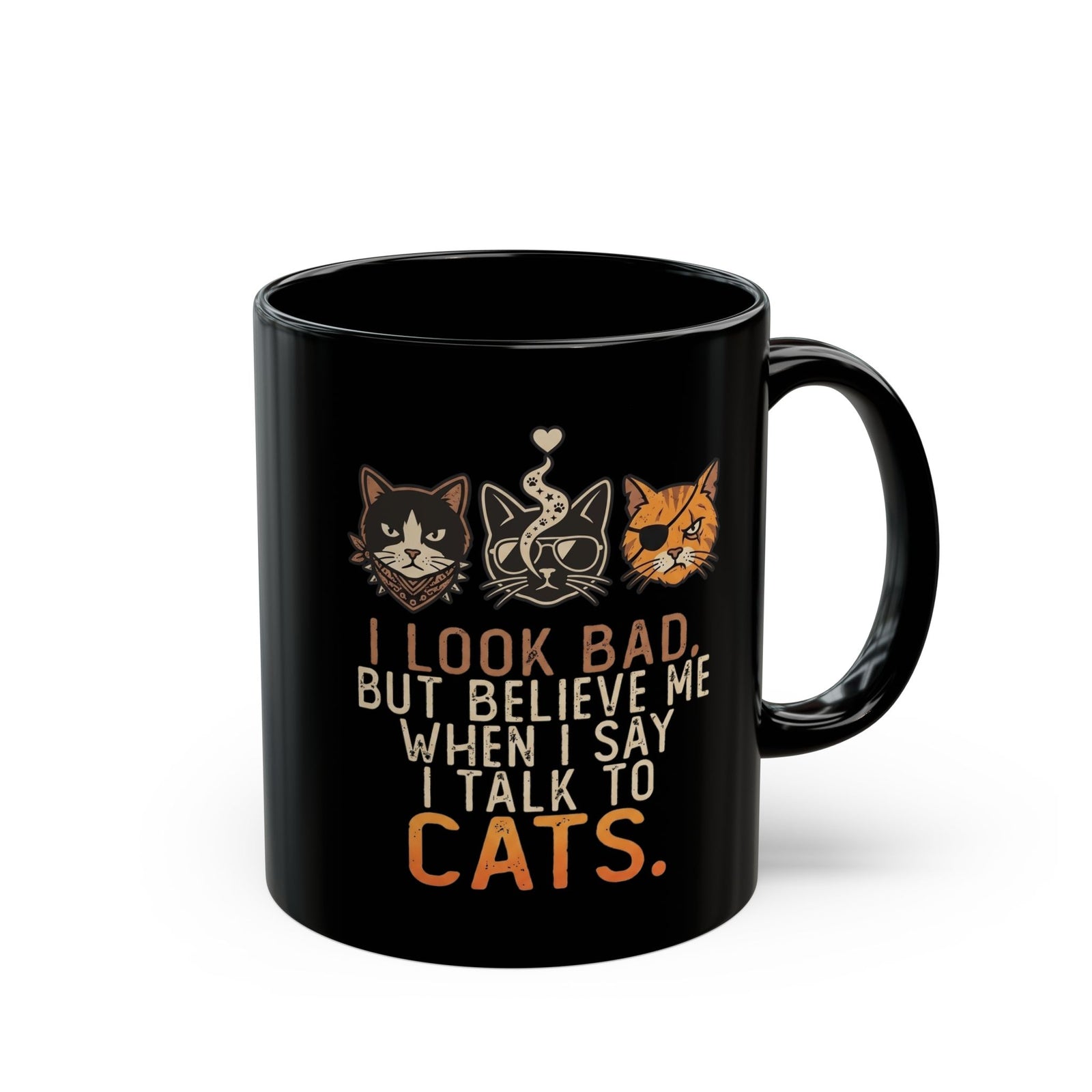 I Talk to Cats Black Mug – Funny Cat Lover Mug with Cat Faces