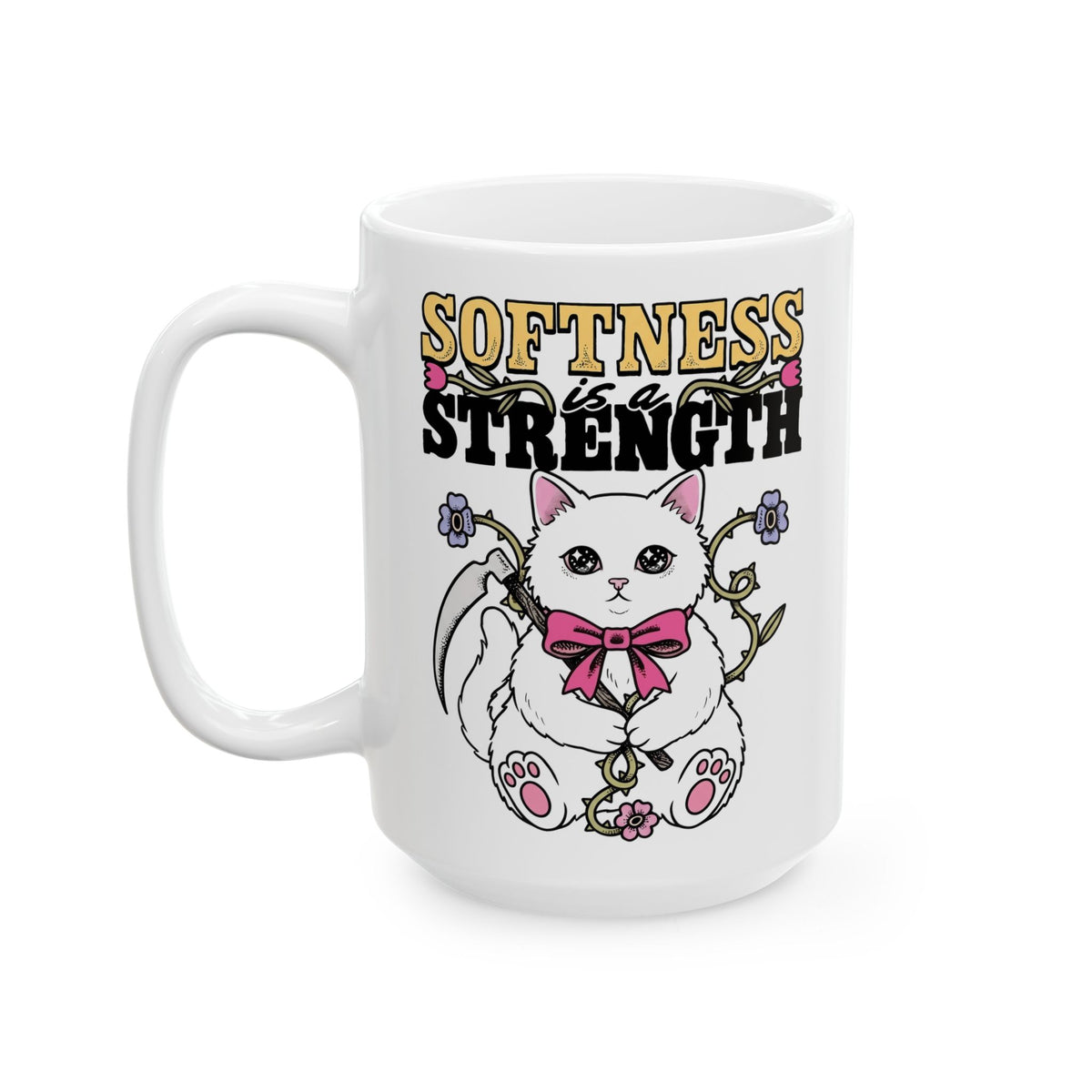 Softness Is A Strength Ceramic Mug — Funny Cute White Kitten Scythe Graphic Mug