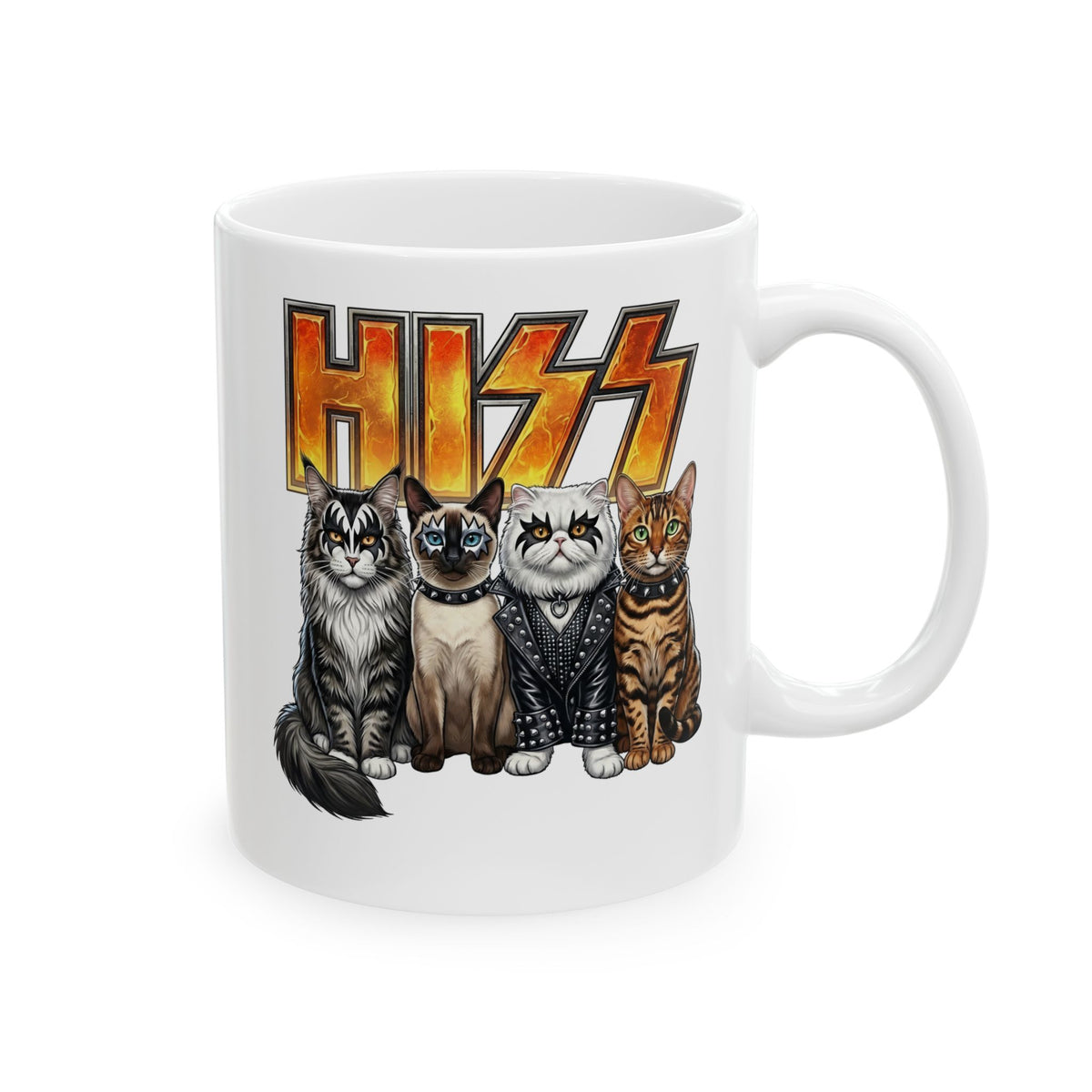 Heavy Metal Cat Hiss Ceramic Mug — Retro Rock Cat Graphic Mug