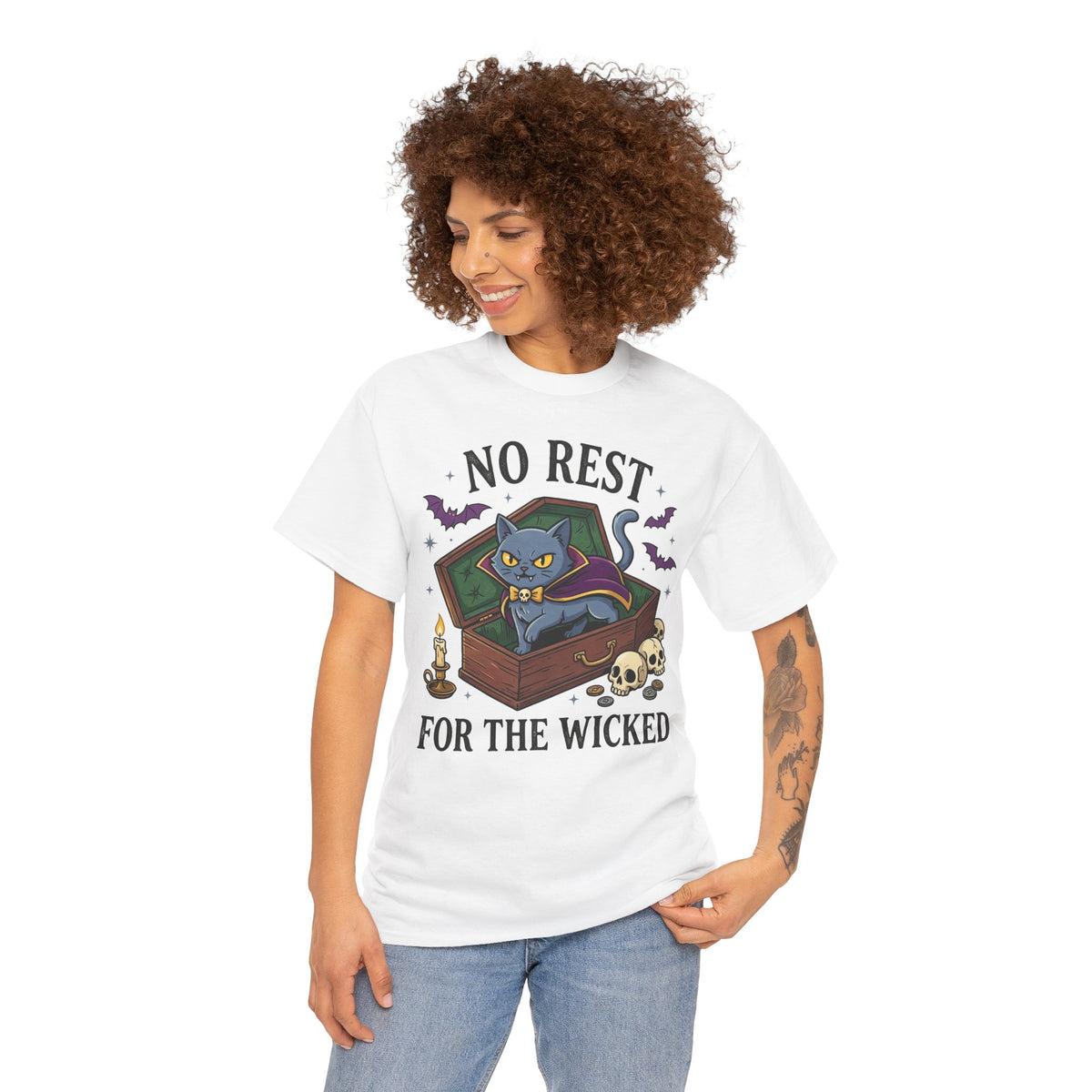 No Rest For The Wicked Cat Tee — Halloween Cat Coffin Graphic T-Shirt