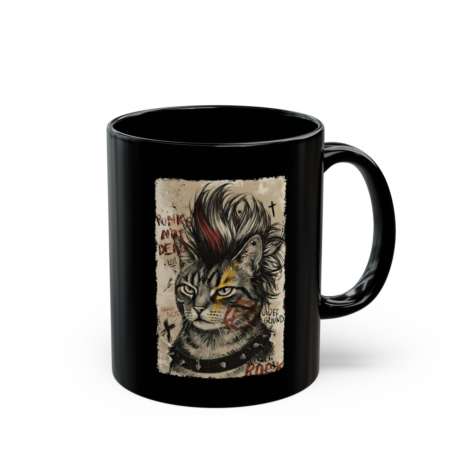 Punks Not Dead Cat Black Mug — Edgy Mohawk Anarchy Feline Graphic