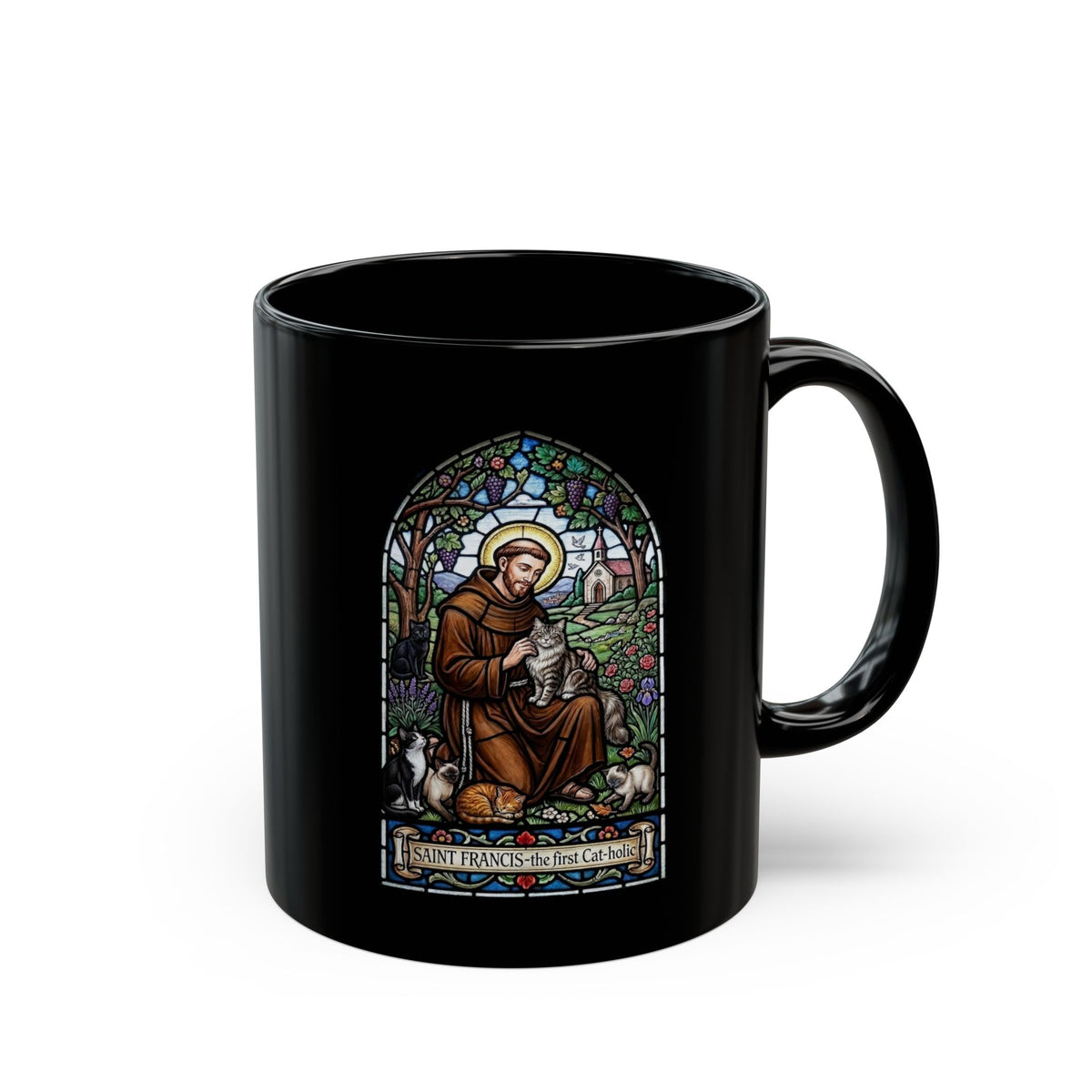 Saint Francis Cat Black Mug — "SAINT FRANCIS — the first Cat-holic"