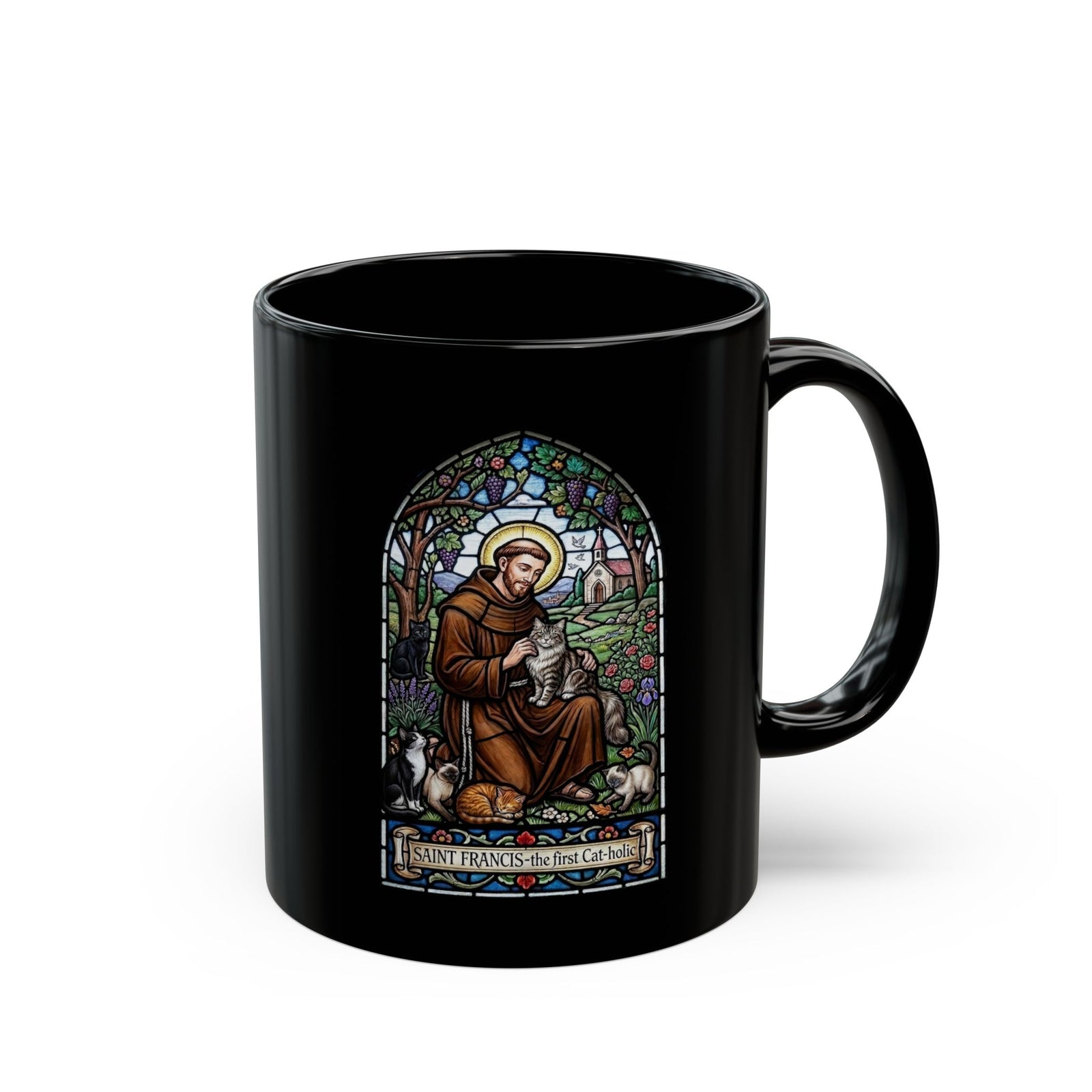 Saint Francis Cat Black Mug — "SAINT FRANCIS — the first Cat-holic"