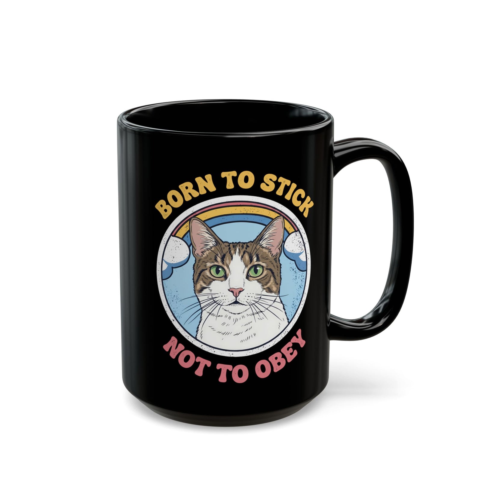 Born To Stick Not To Obey Black Mug — Retro Rainbow Cat Graphic Mug