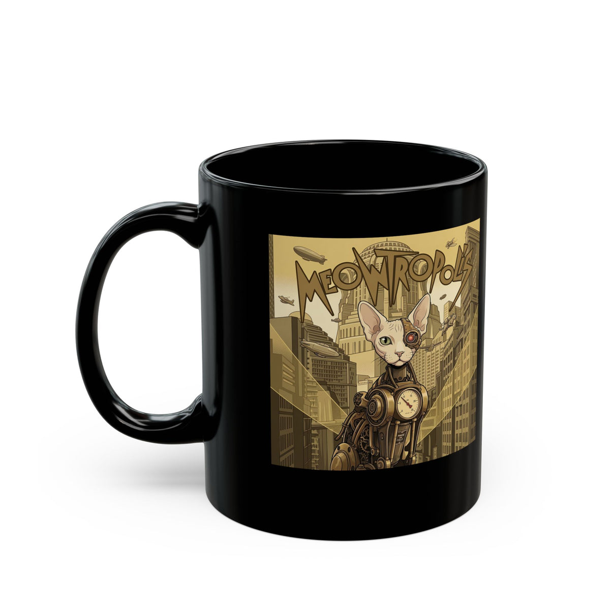Meowtropolis Sci‑Fi Cat Black Mug — Futuristic Cat Graphic Mug