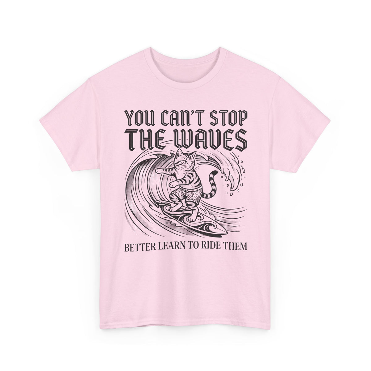 Vintage Surfer Cat T-Shirt — Monochrome Ocean Waves Graphic Tee