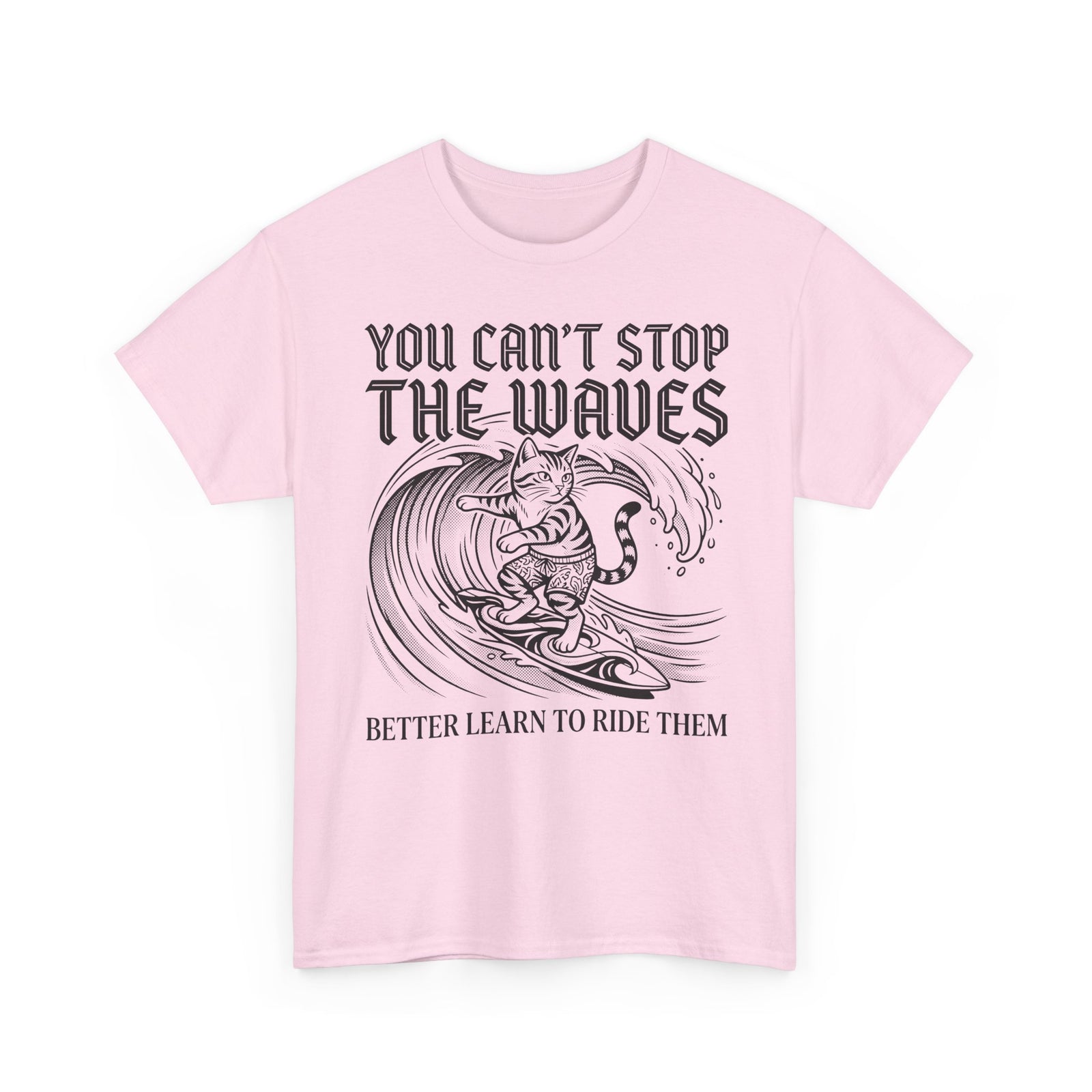 Vintage Surfer Cat T-Shirt — Monochrome Ocean Waves Graphic Tee