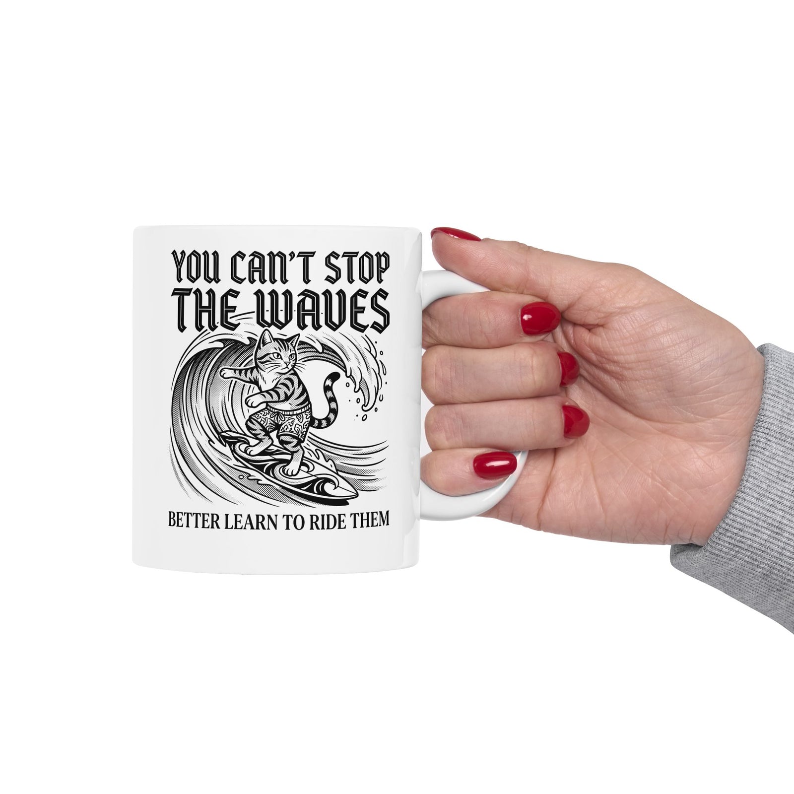 Vintage Surfer Cat Ceramic Mug — Monochrome Ocean Waves Graphic Mug