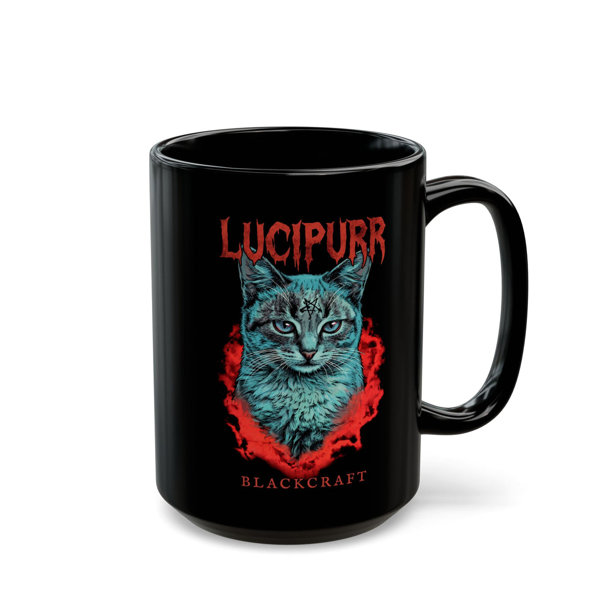 Lucipurr Blackcraft Black Mug — Edgy Heavy Metal Satanic Cat Graphic Mug