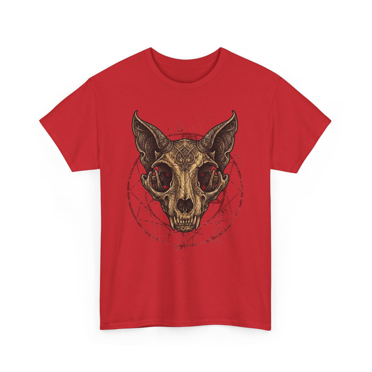 Gothic Ornate Cat Skull Red Pentagram Shirt — Dark Occult Feline T-Shirt