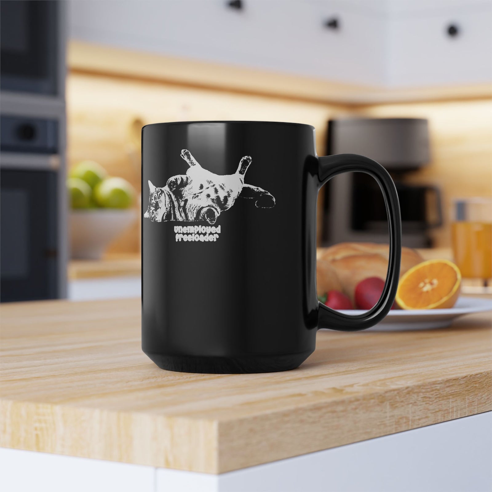 Unemployed Freeloader Cat Black Mug — Funny Lazy Cat Graphic Mug