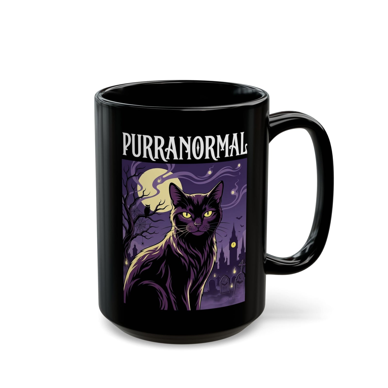 Purranormal Cat Black Mug — Paranormal Cat Spooky Cat Graphic Mug
