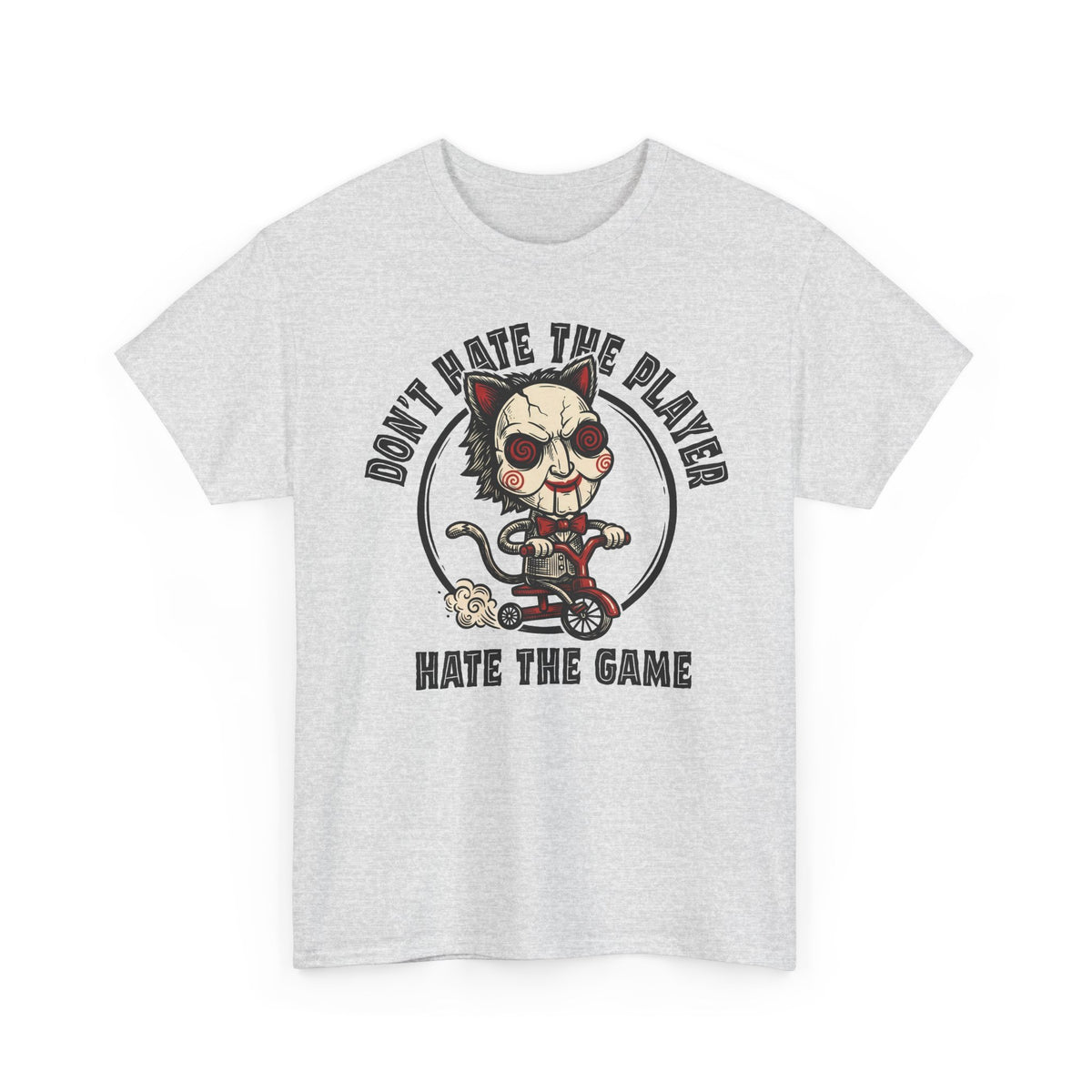 Don't Hate The Player Hate The Game SAW Cat T-Shirt — Funny Jigsaw Puppet Tee