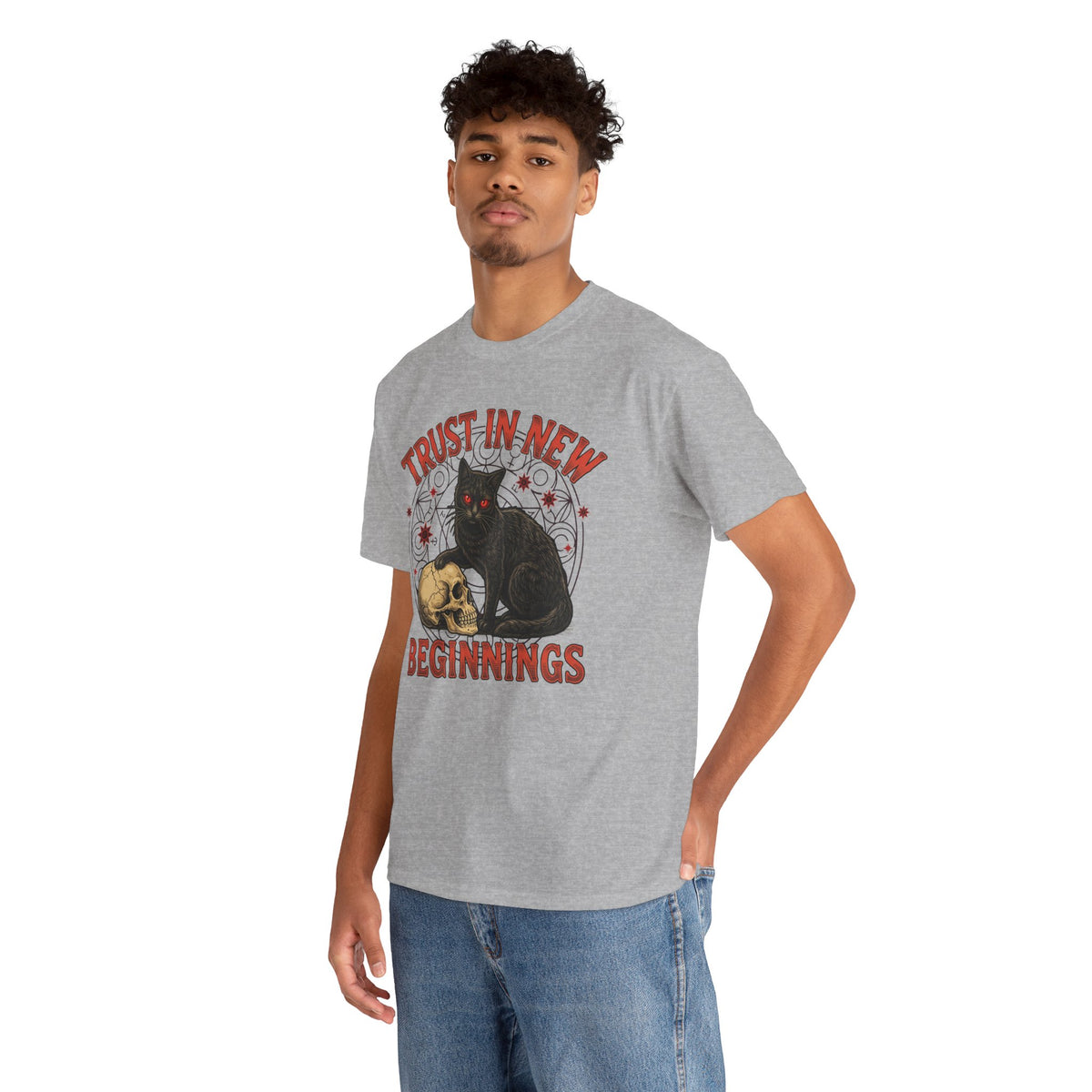 Trust In New Beginnings Cat T-Shirt — Occult Black Cat Skull Gothic Tee
