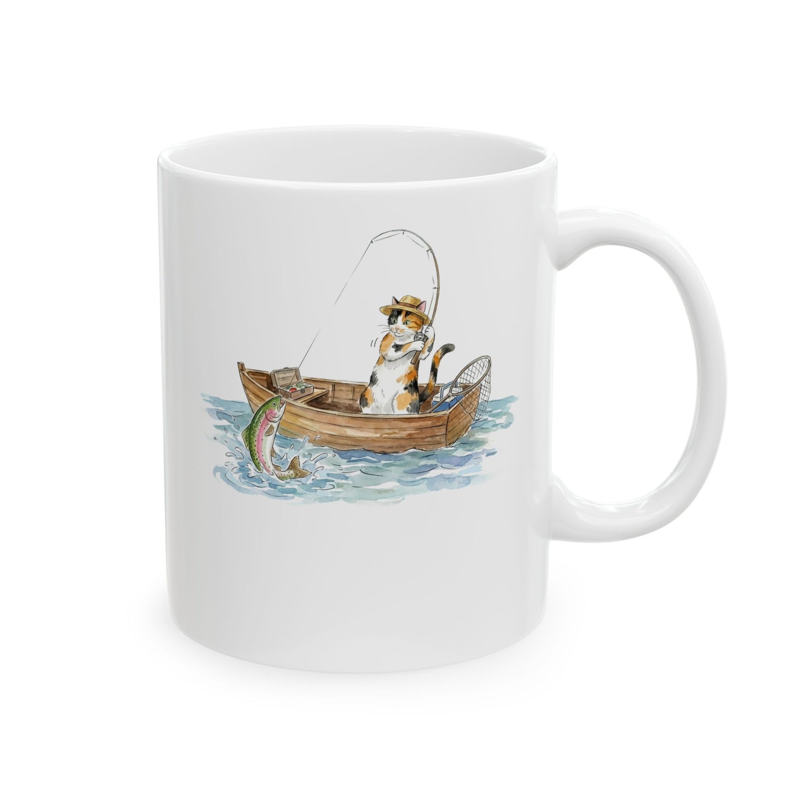 Cat Fishing Ceramic Mug — Funny Fishing Cat Graphic Mug