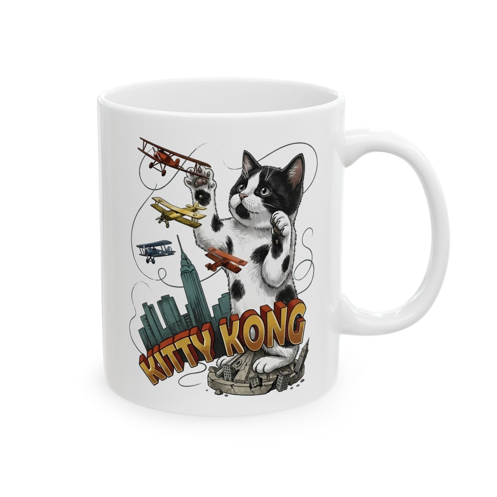 Kittie Kong Parody Cat Ceramic Mug — Funny Vintage-Style Cat Mug