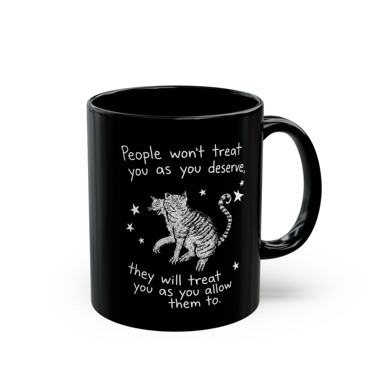 Two-Headed Tabby Cat Black Mug — "People Won't Treat You As You Deserve" Gothic Woodcut Mug