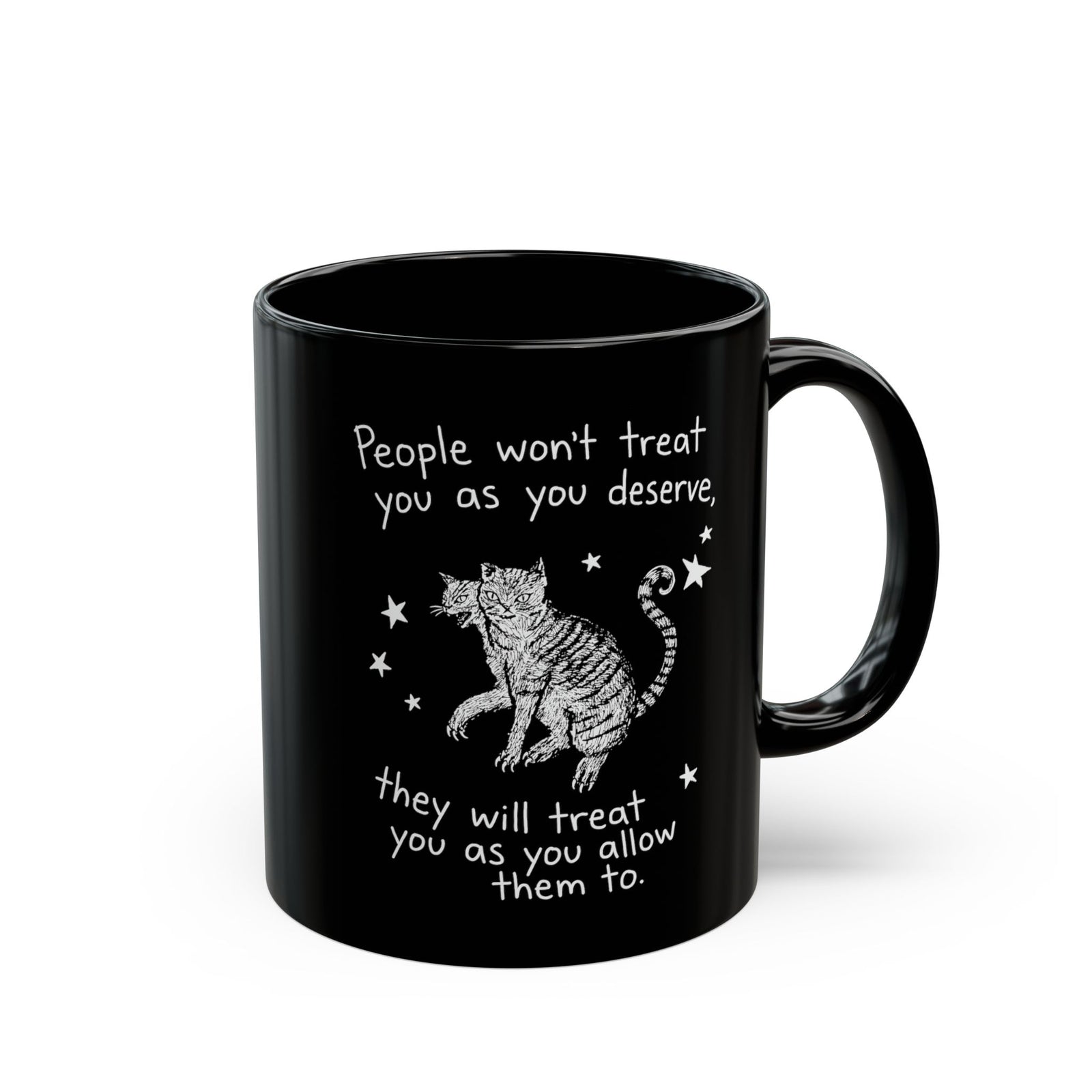 Two-Headed Tabby Cat Black Mug — "People Won't Treat You As You Deserve" Gothic Woodcut Mug