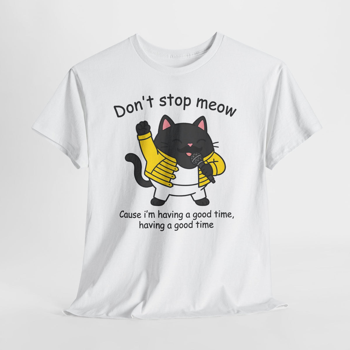 Cat T‑Shirt — "Don't Stop Meow" Cute Black Cat Singing Graphic Tee