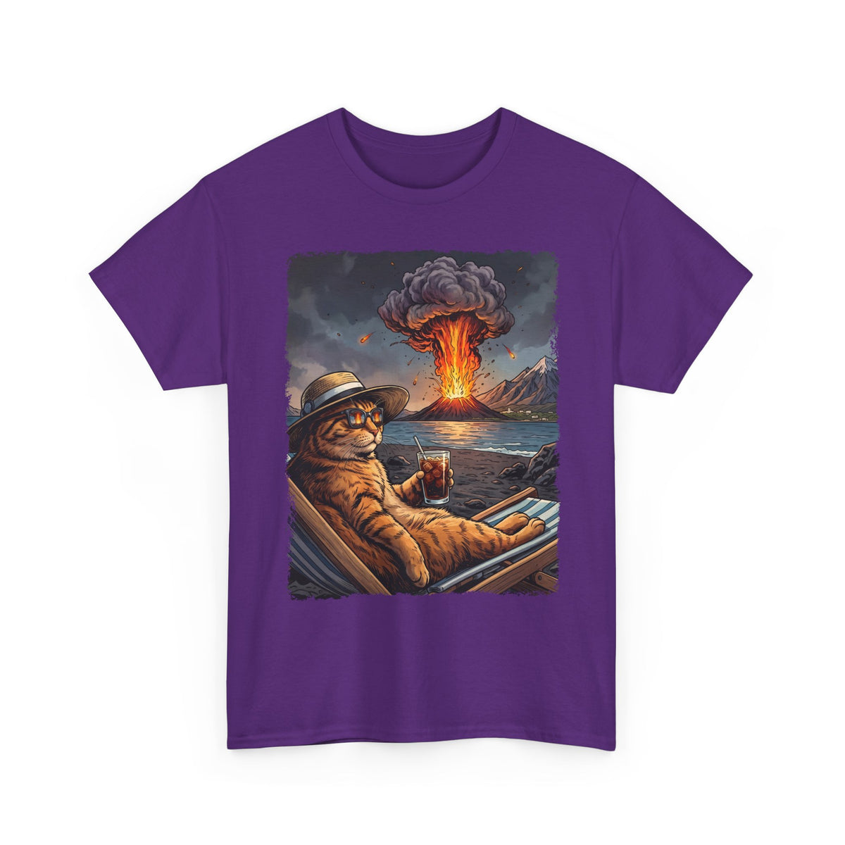 Unbothered Orange Cat Volcano T-Shirt — Funny Chaos Beach Lounging Tee