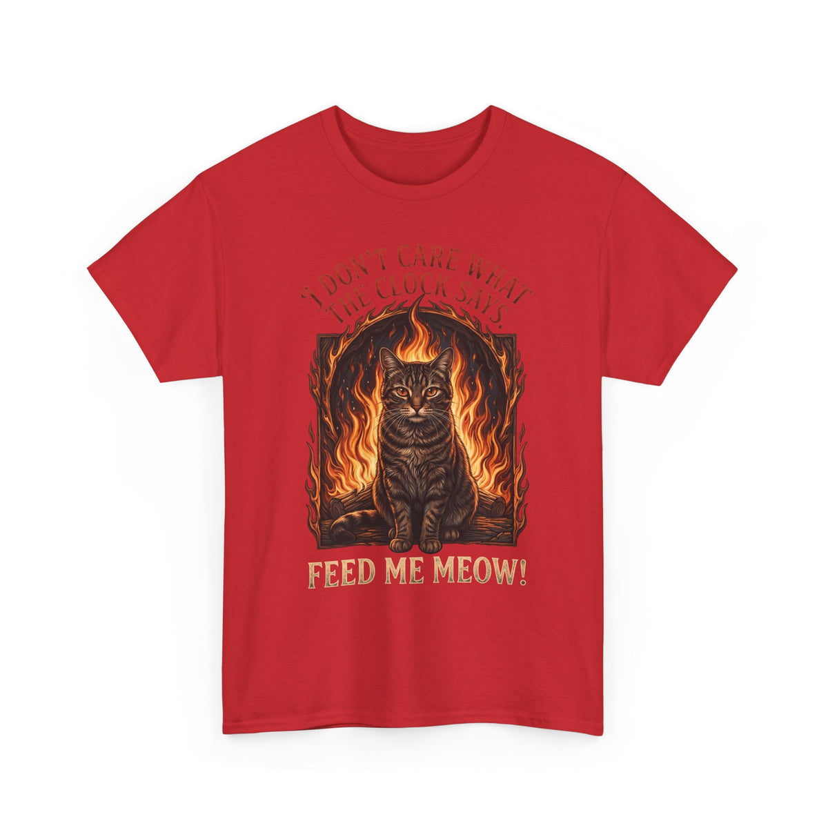 Feed Me Meow T-Shirt — Funny Hungry Tabby Cat Fiery Graphic Tee