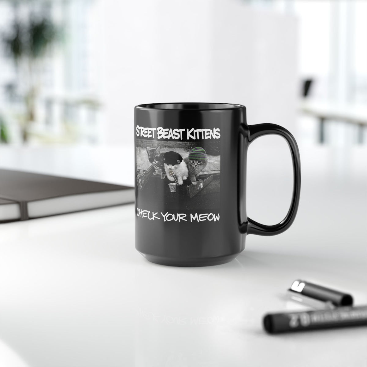 Street Beast Kittens "Check Your Meow" Black Mug