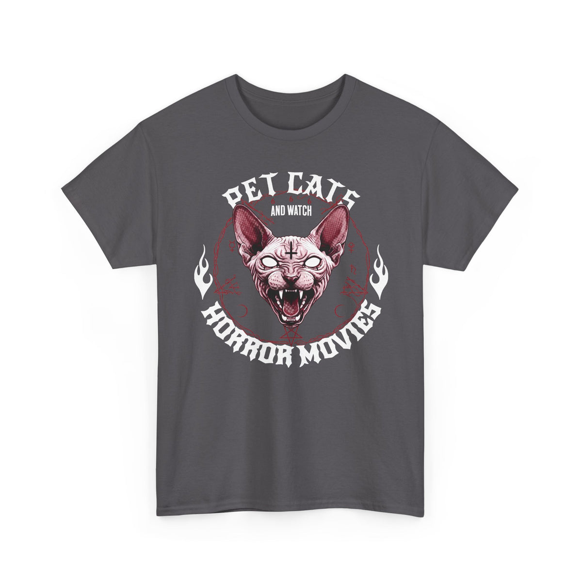 Pet Cats And Watch Horror Movies T-Shirt — Demonic Sphynx Cat Occult Tee