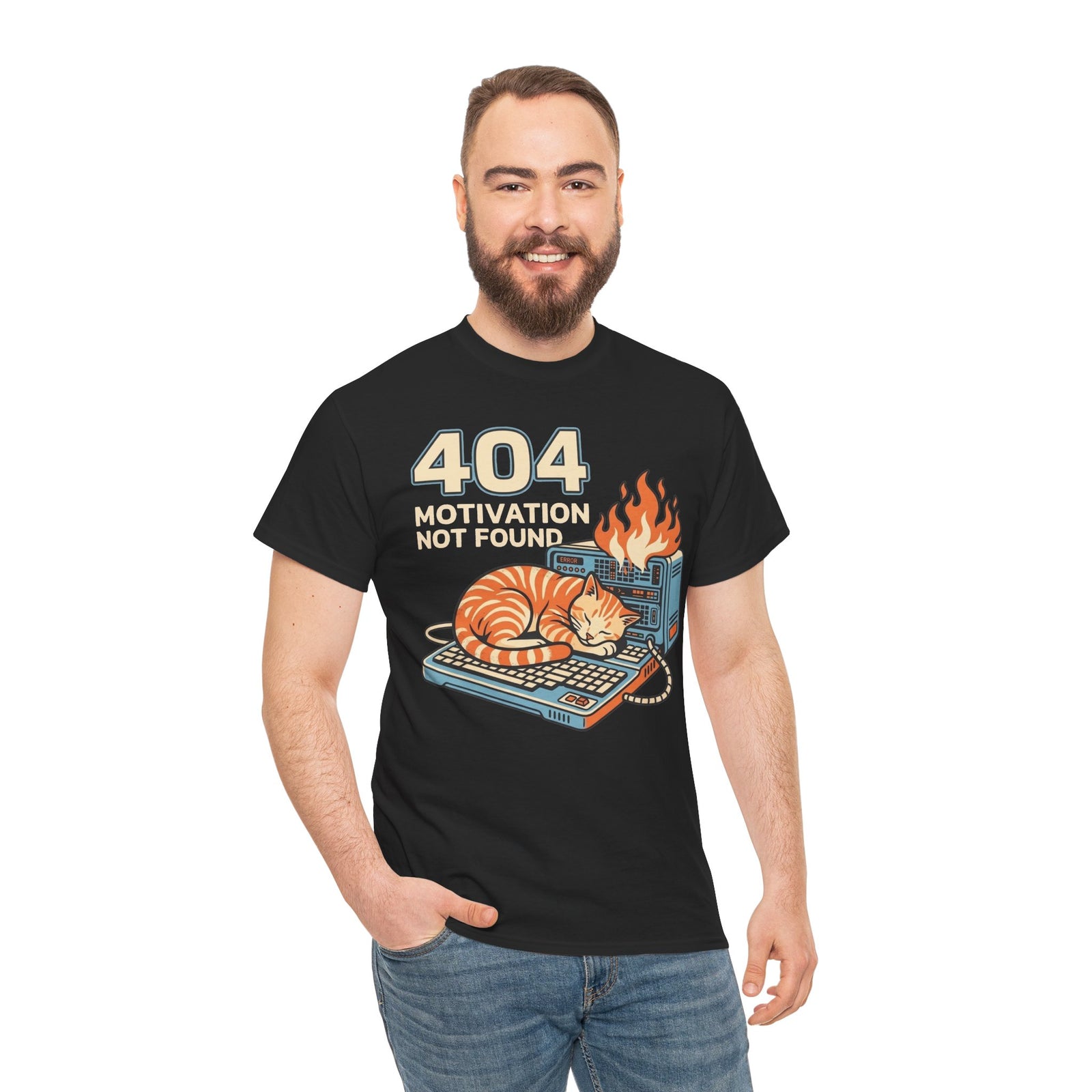 404 Motivation Not Found T-Shirt — Funny Cat Sleeping on Flaming Computer Tee