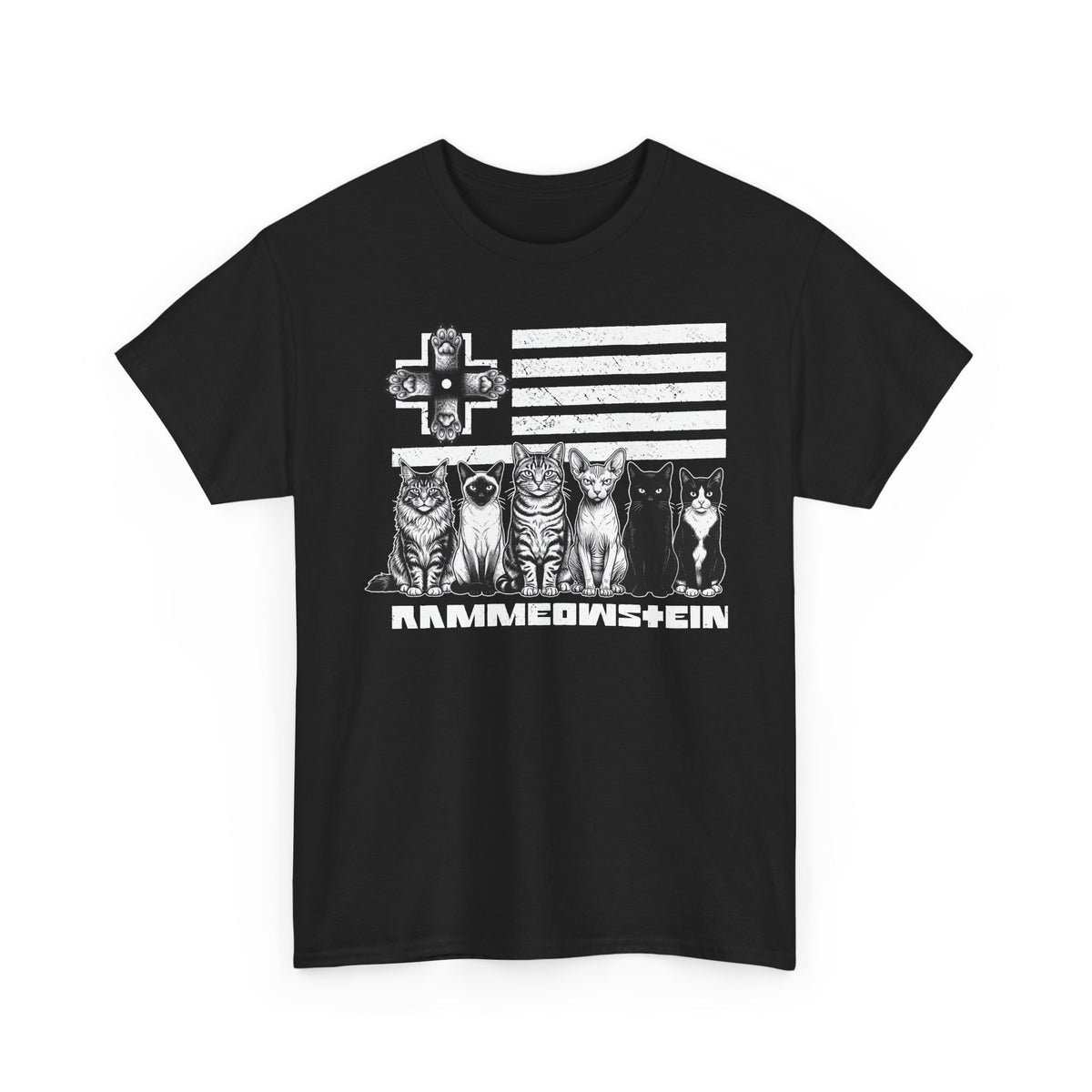 Rammowsteen Cats T-Shirt – Vintage Flag &amp; Five Cats Graphic Tee