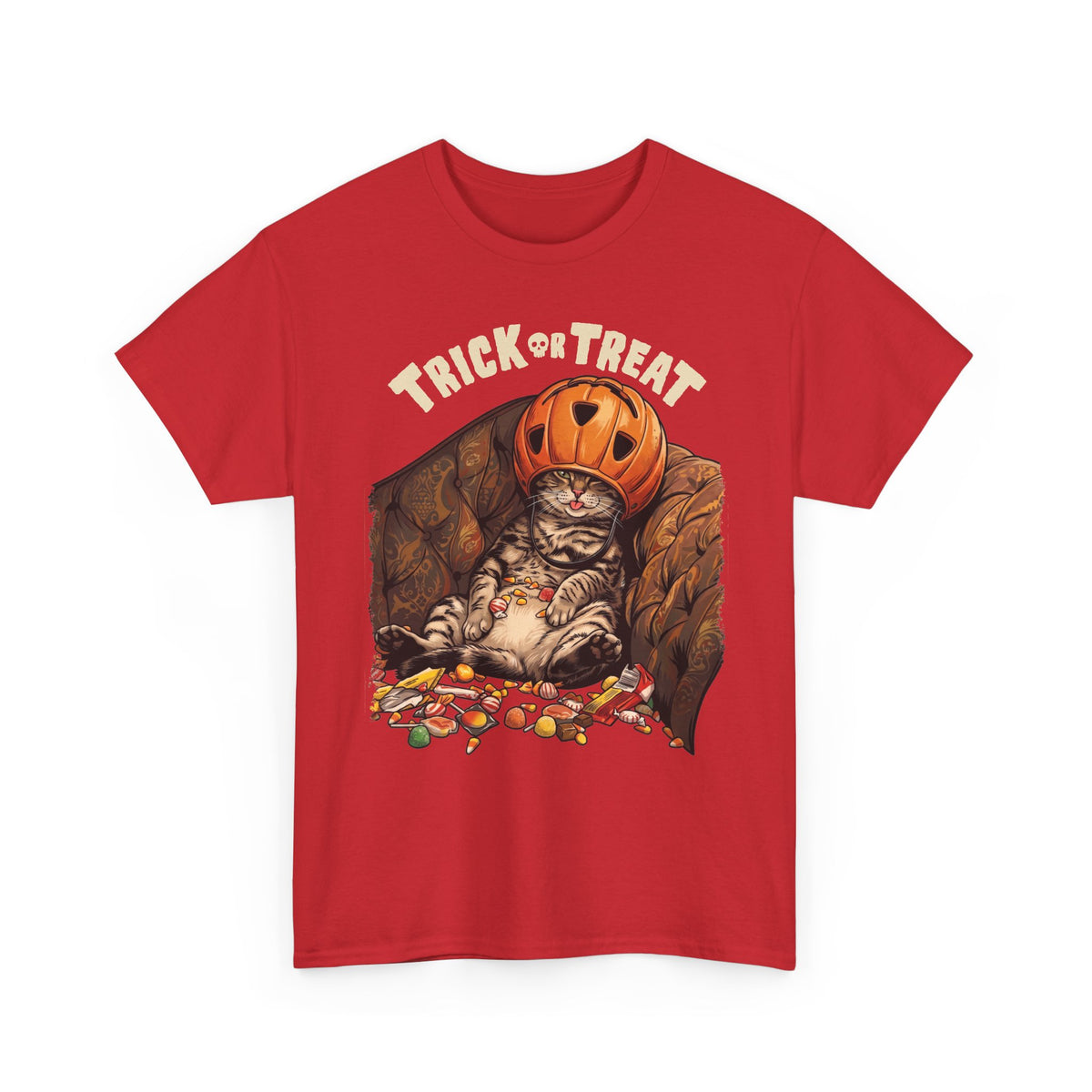 Trick Or Treat Pumpkin Helmet Cat T-Shirt — Funny Halloween Candy Coma Tee