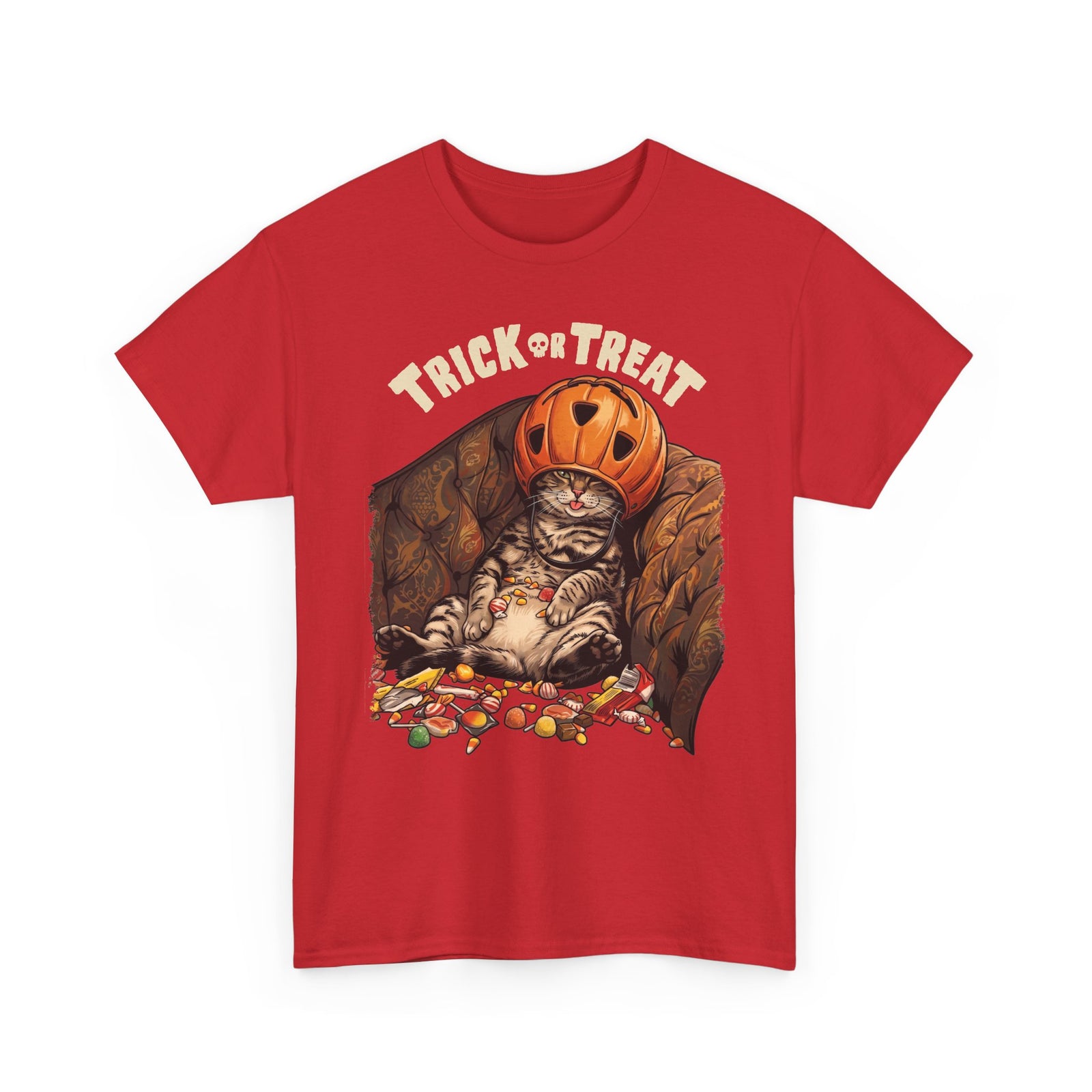 Trick Or Treat Pumpkin Helmet Cat T-Shirt — Funny Halloween Candy Coma Tee