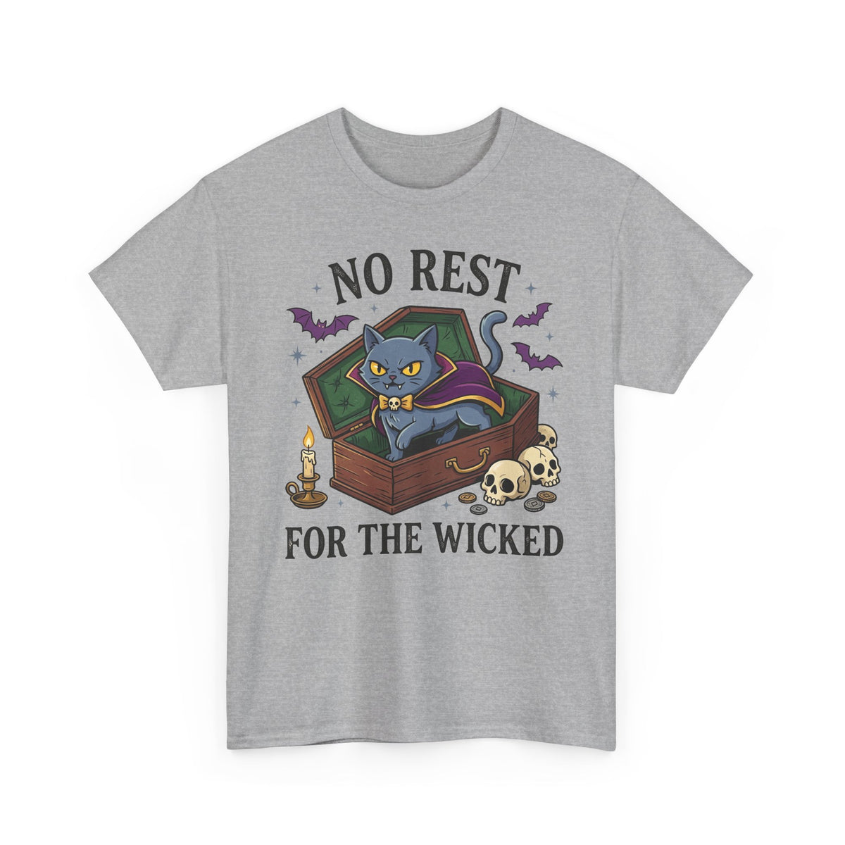 No Rest For The Wicked Cat Tee — Halloween Cat Coffin Graphic T-Shirt