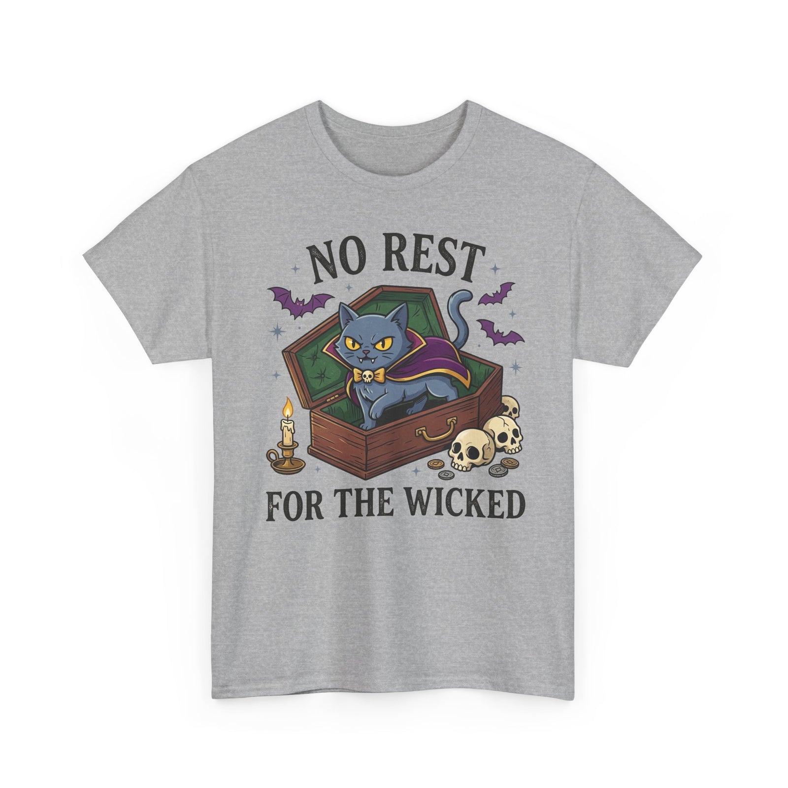 No Rest For The Wicked Cat Tee — Halloween Cat Coffin Graphic T-Shirt