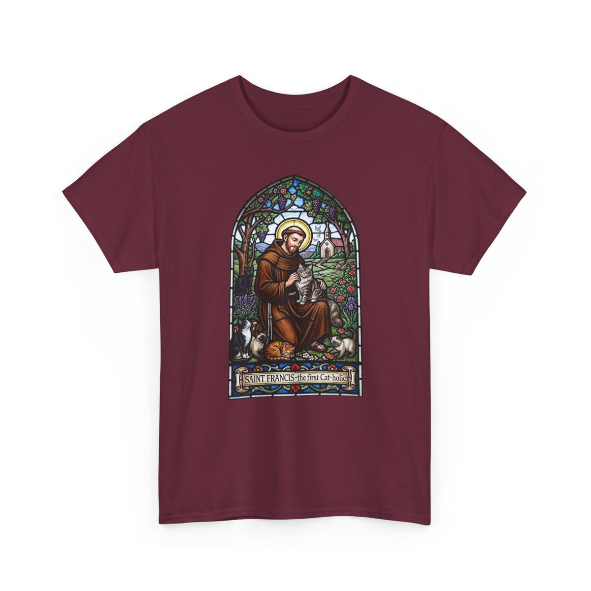 Saint Francis Cat T-Shirt — "SAINT FRANCIS — the first Cat-holic"