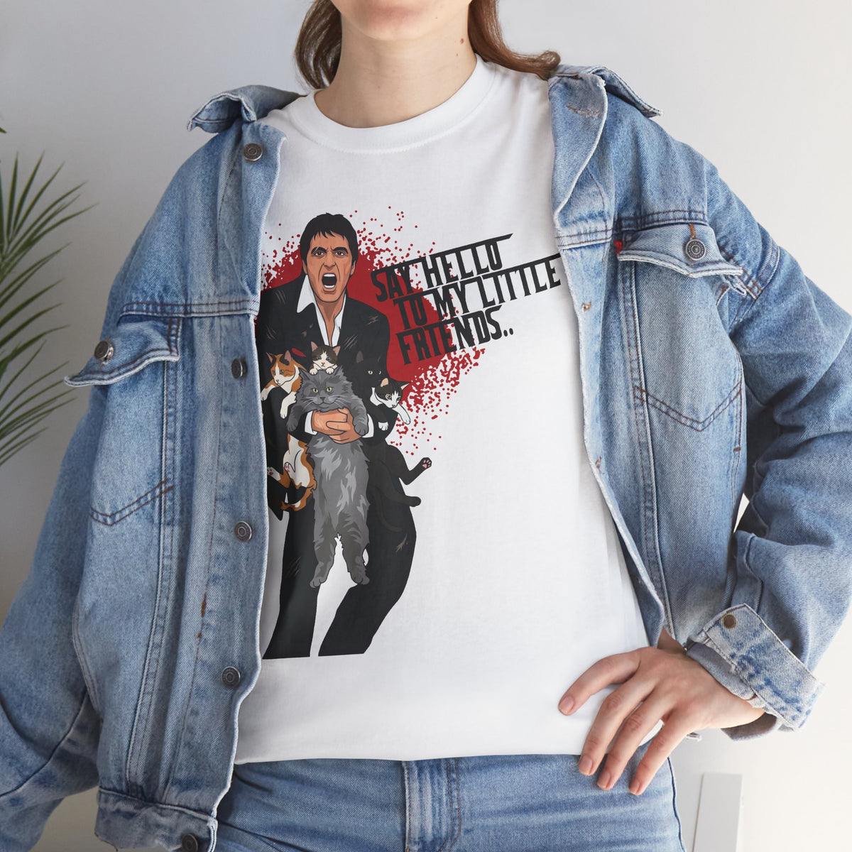 Say Hello To My Little Friends T-Shirt Funny Gangster Holding Cats Graphic Tee