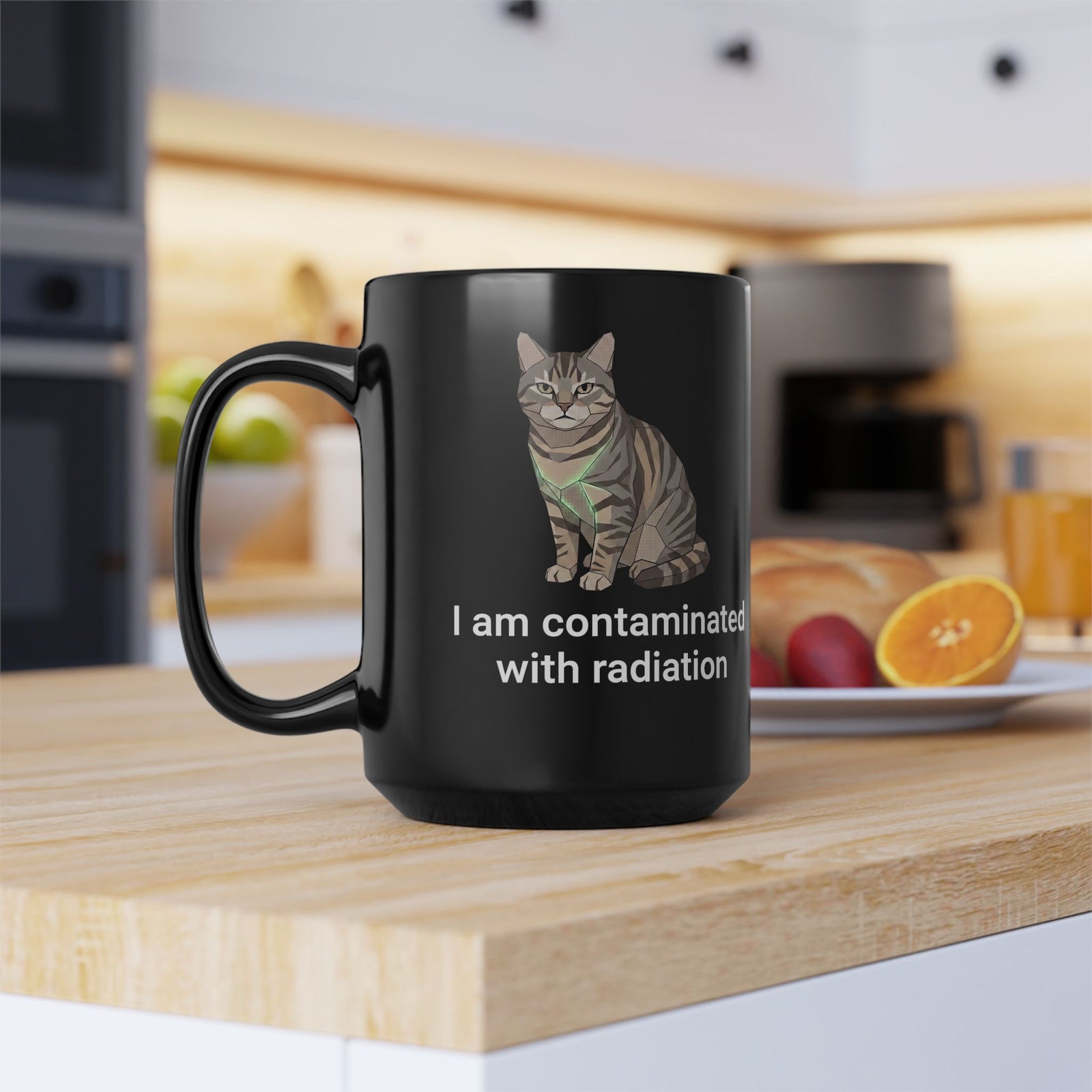 Funny Cat Black Mug "I Am Contaminated with Radiation" Humorous Retro Radioactive Mug