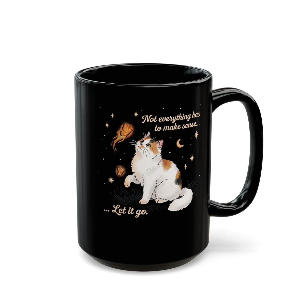 Vintage Whimsical Cat Black Mug — Spiritual Quote Graphic Mug