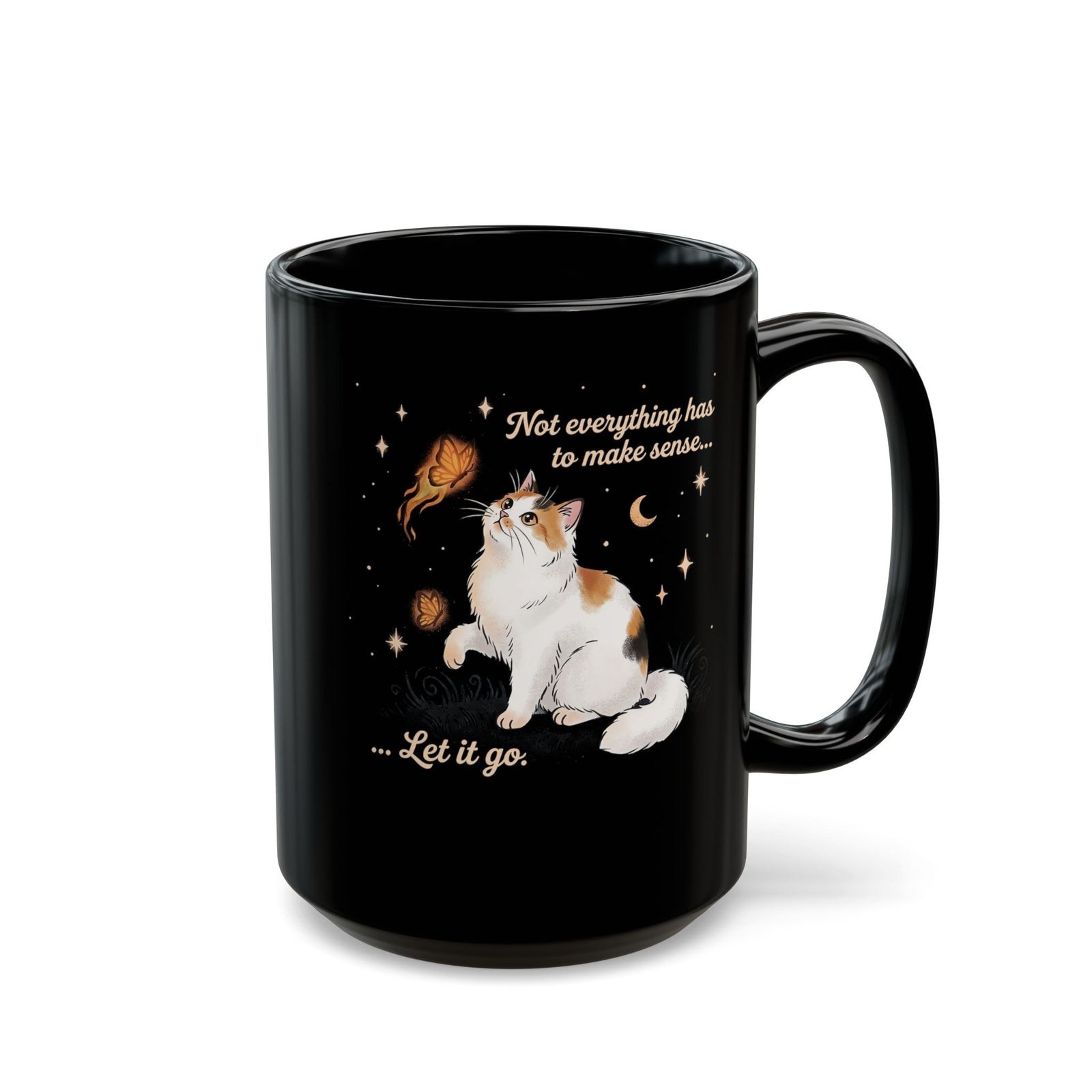 Vintage Whimsical Cat Black Mug — Spiritual Quote Graphic Mug
