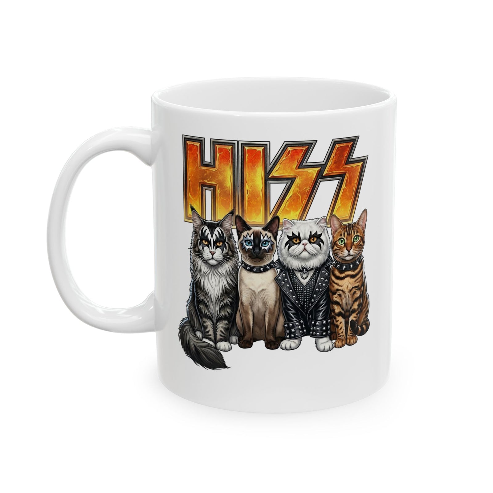 Heavy Metal Cat Hiss Ceramic Mug — Retro Rock Cat Graphic Mug