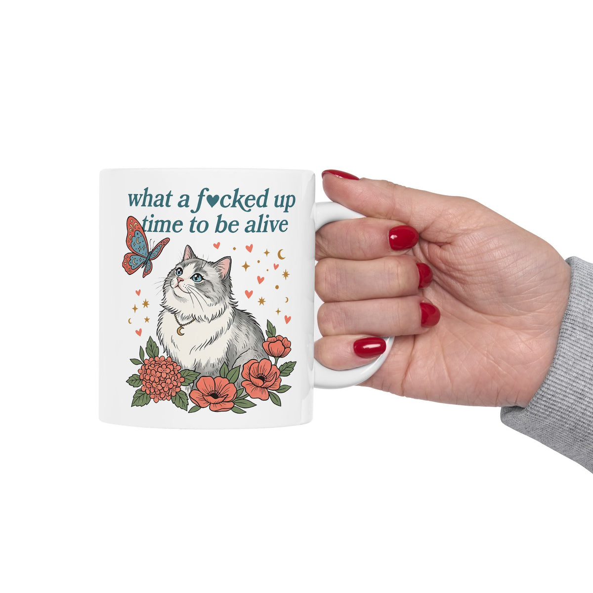 Retro Cat Mug — "What a Fucked Up Time to Be Alive" Graphic