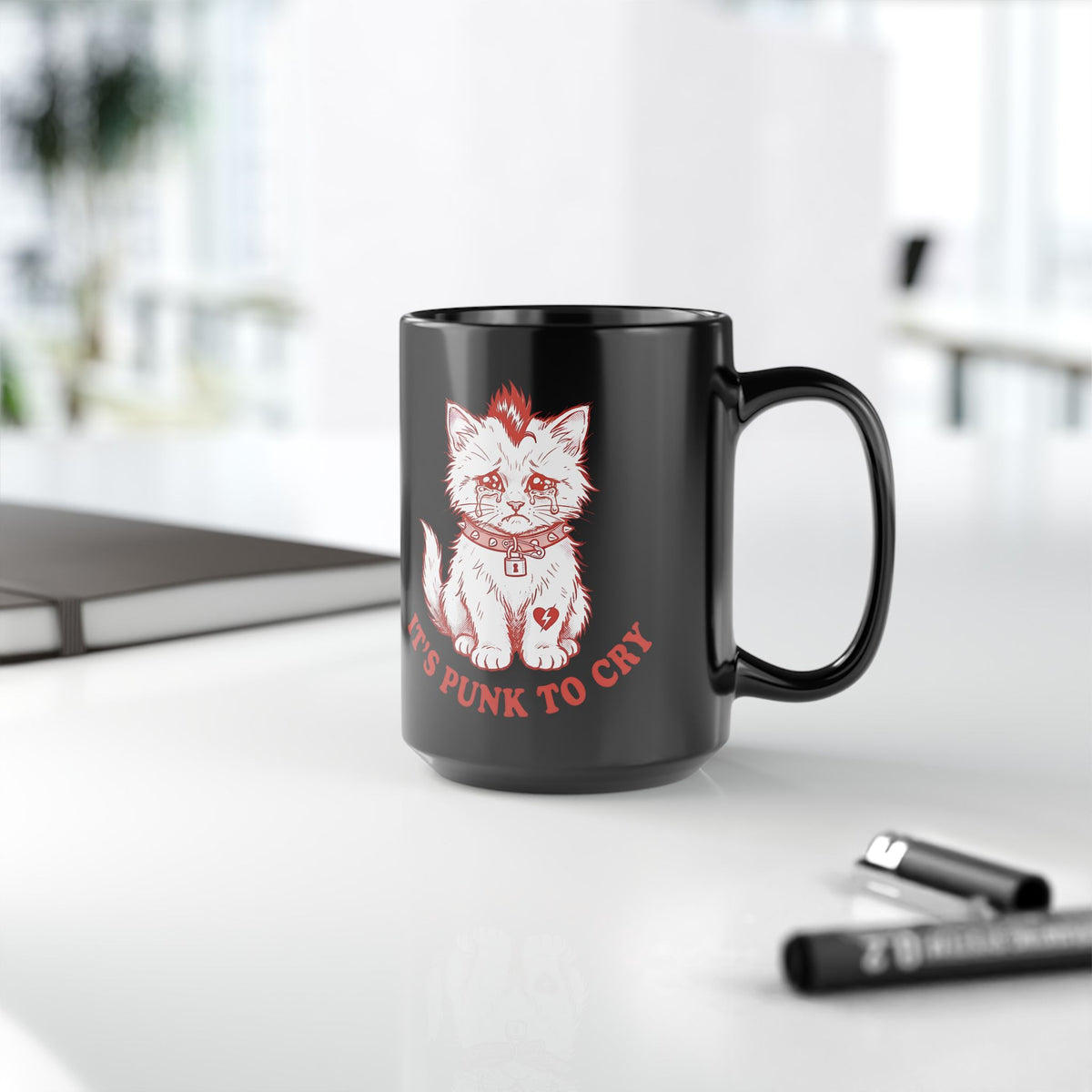 It's Punk To Cry Cat Mug — Cute Punk Cat Graphic Black Mug
